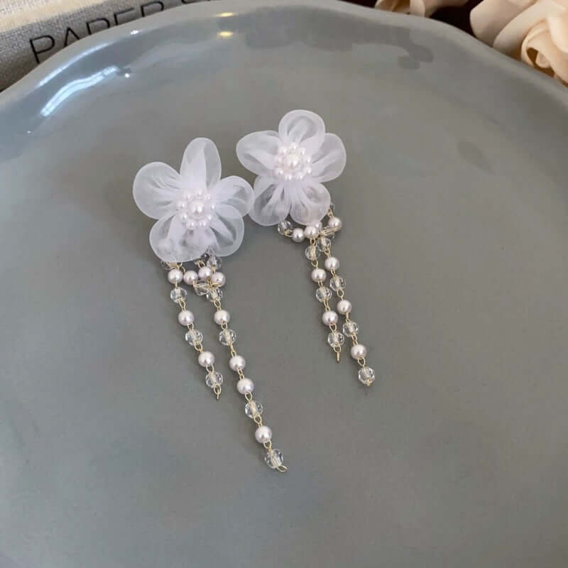 Ivory Pearl Drop Wedding Earrings with Lace Flower Design - Elegant Bridal Jewelry for Weddings, Prom & Formal Events | FM2003