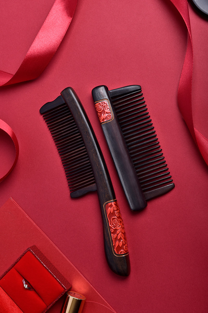 Rose Pattern Wooden Hair Comb Set - Natural Wood Detangling Comb for Women & Men - Perfect for Styling, Detangling, and Travel Use