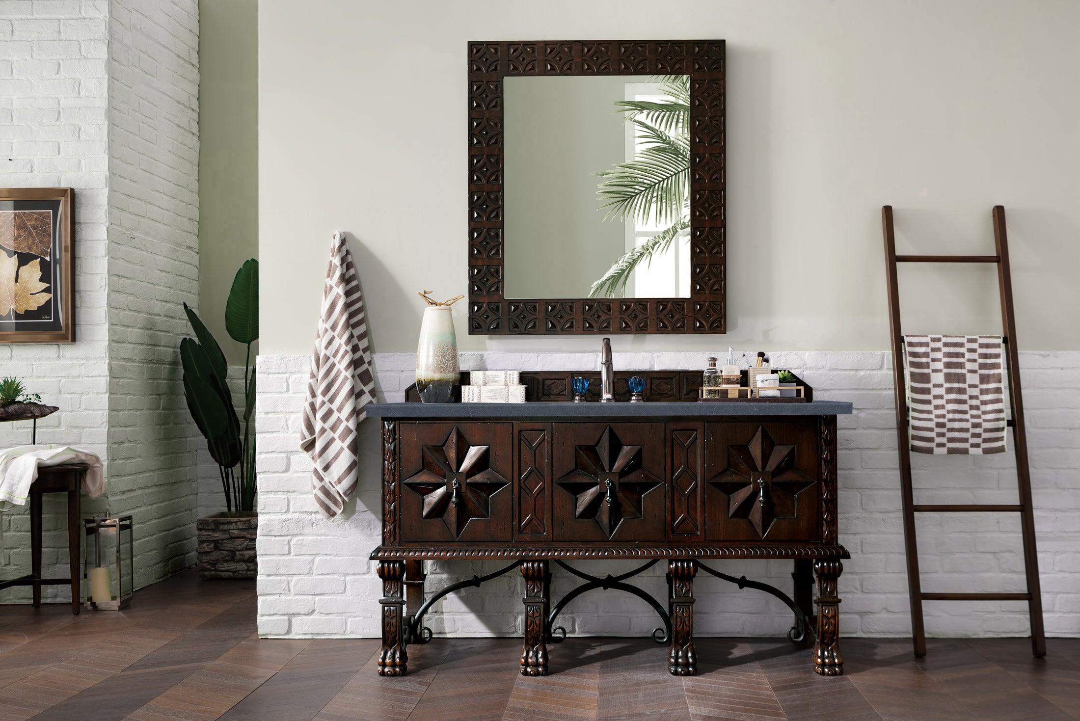 Balmoral 60 Inch Single Bathroom Vanity Cabinet in Antique Walnut Finish with 3CM Charcoal Soapstone Quartz Countertop - Perfect for Modern Farmhouse & Traditional Bathroom Designs