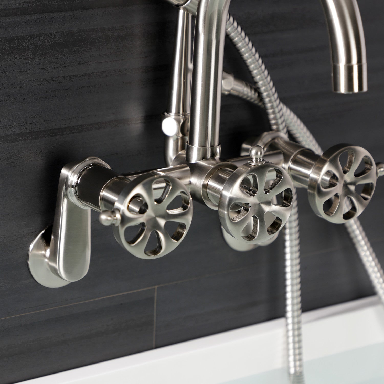 Belknap AE8158RX 3-Handle 2-Hole Wall Mount Clawfoot Tub Faucet with Hand Shower in Brushed Nickel - Vintage Bathroom Fixture for Classic & Modern Bathrooms
