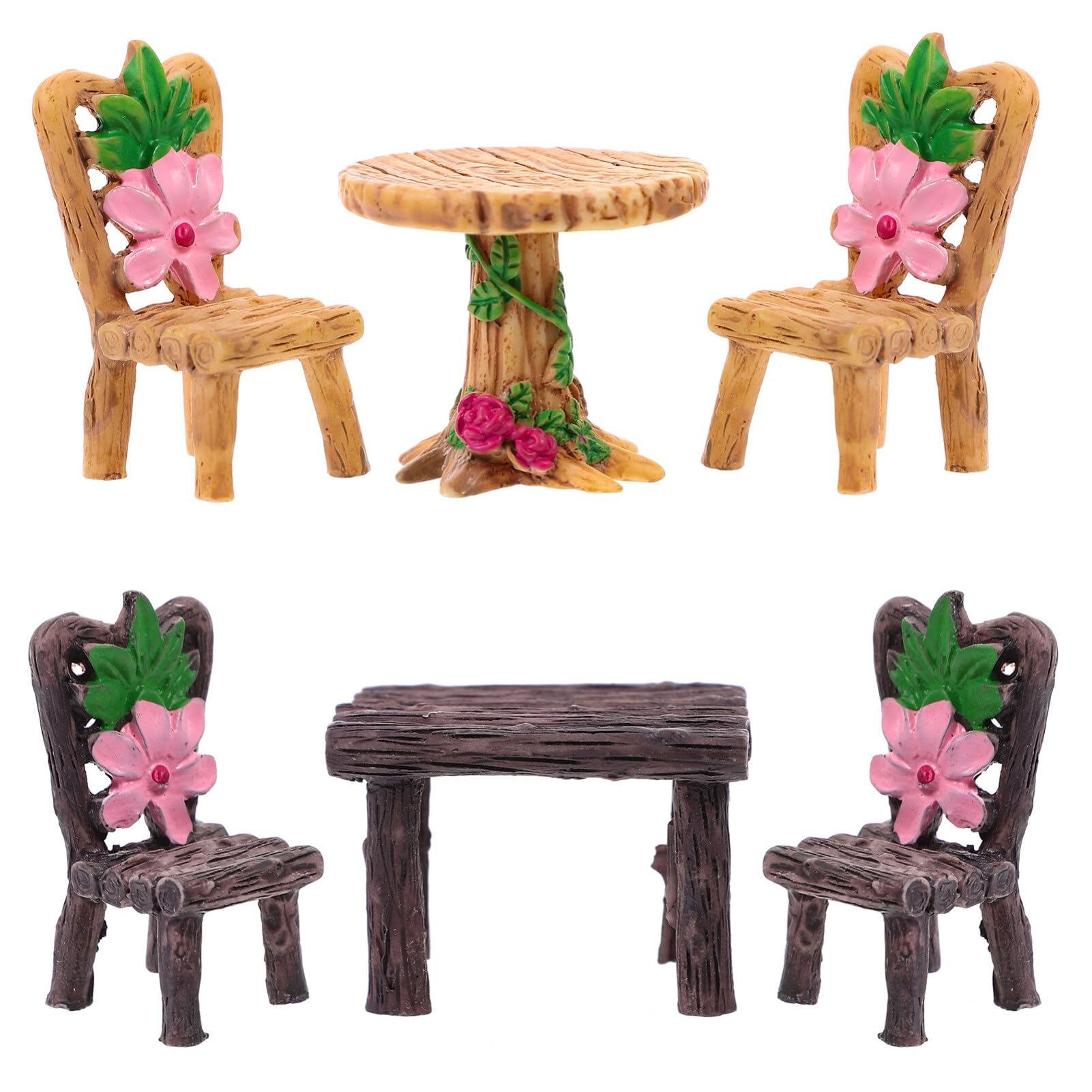 BESTOYARD 6-Piece Miniature Wooden Table and Chairs Set - Resin Fairy Furniture for Home Decor, Dollhouse Accessories & Fairy Garden Landscaping - Perfect for DIY Crafts, Fairy Tale Displays and Miniature Room Decoration