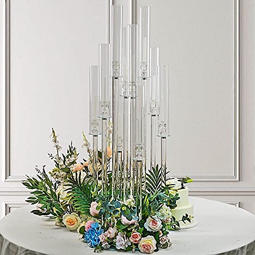 47-Inch Clear 10-Arm Crystal Glass Candelabra Chandelier - Elegant Votive Candle Holder for Wedding Centerpieces, Party Decorations, and Home Lighting Fixtures - Perfect for Dining Room, Church, and Special Event Decor
