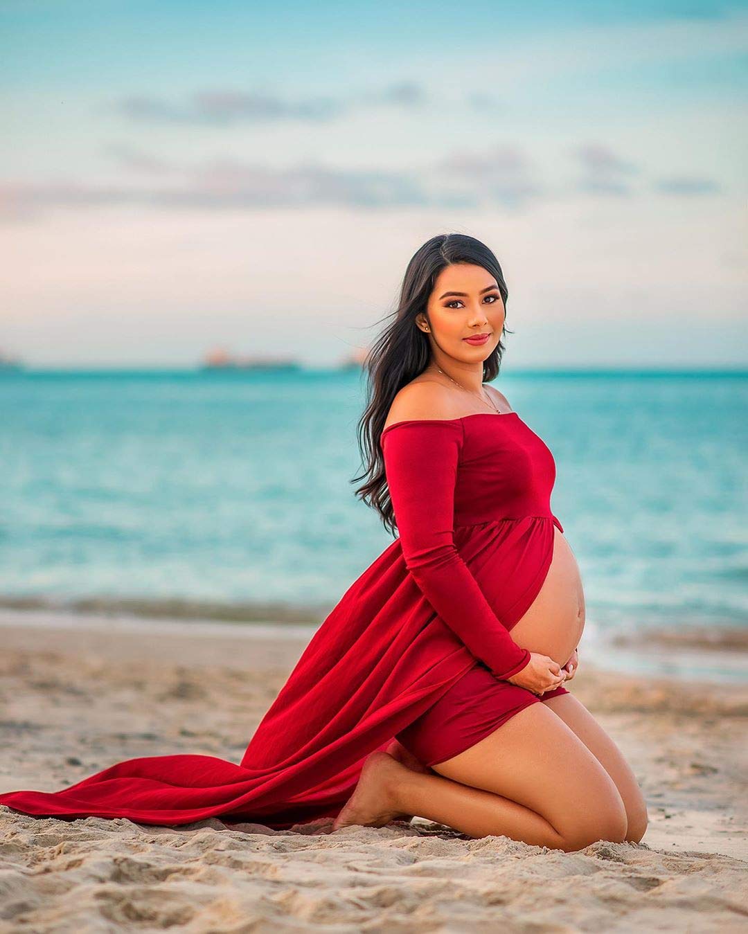ZIUMUDY Maternity Maxi Chiffon Photography Dress - Elegant Split Front Gown for Pregnancy Photoshoot, Baby Shower & Special Occasions