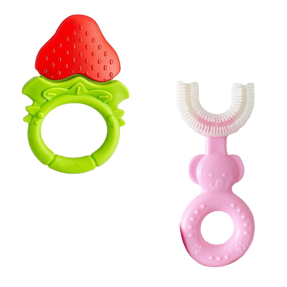 Kritiu Baby Teether and U-Shaped Toothbrush Set | BPA-Free Silicone Teething Toys for Infants 0-12 Months | Safe Chewing Relief & Early Oral Care | Perfect for Soothing Sore Gums & Gentle Teeth Cleaning (Red & Pink) | Great for Home, Travel, and Daycare Use