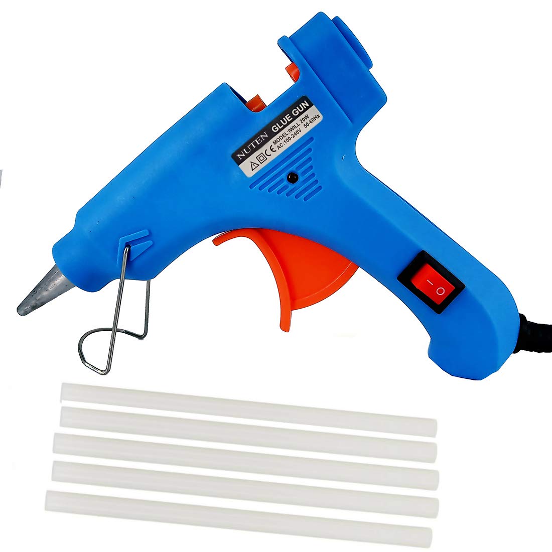 NUTEN 20W Hot Glue Gun with On/Off Switch & LED Light - Includes 5 Clear Glue Sticks - Perfect for DIY Crafts, Home Repairs, and School Projects