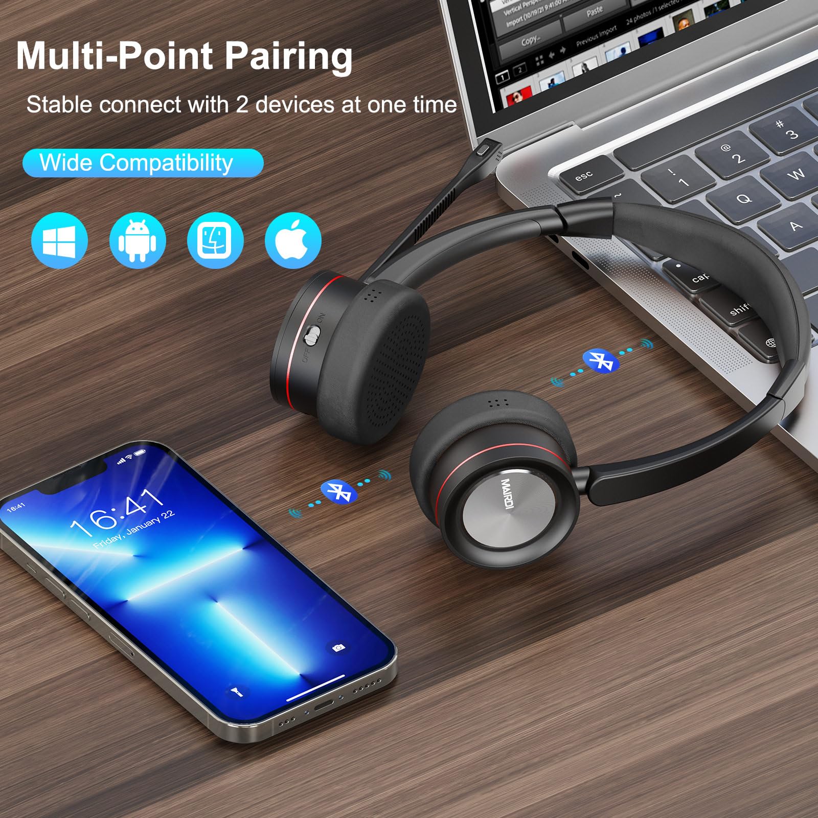 MAIRDI Wireless Bluetooth Headset with Microphone - 5.2 Noise Canceling Headset for PC, Truck Drivers, Office & Call Center - 40H Playtime - Compatible with Teams, Skype, Zoom - Perfect for Remote Work, Online Meetings & Long Driving Shifts