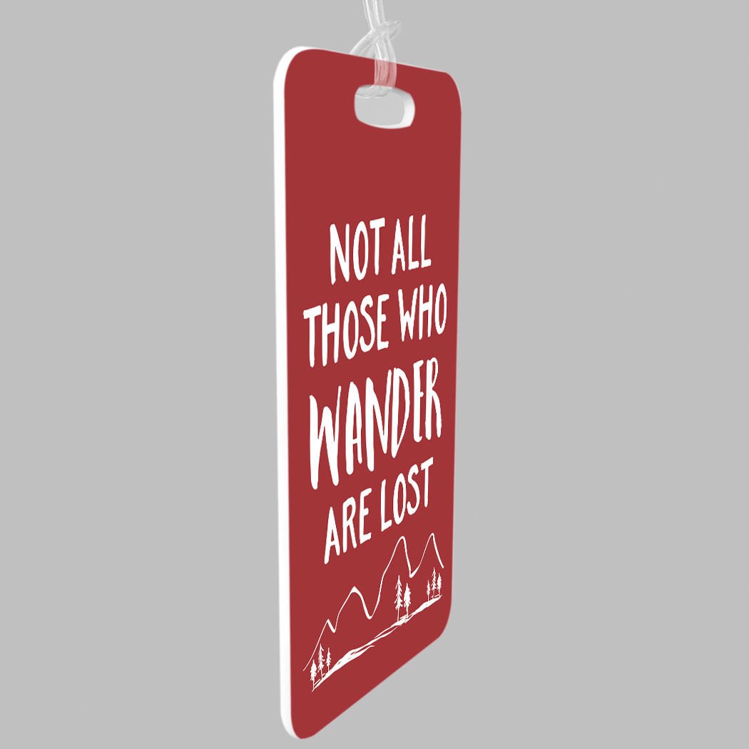Custom Personalized Luggage & Bag Tag - 'Not All Those Who Wander Are Lost' Quote with Info Panel - Medium Maroon Travel Accessory for Suitcases, Backpacks & Carry-Ons