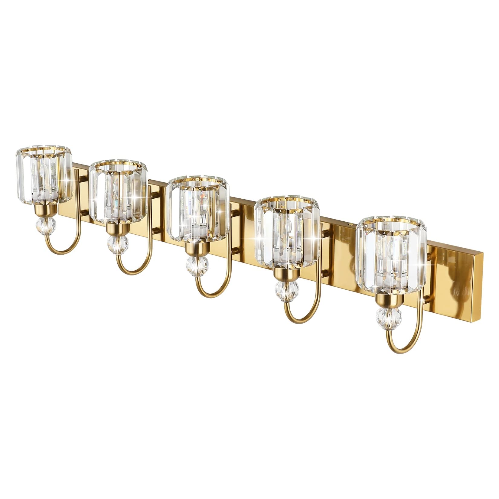 Ralbay 5-Light Crystal Bathroom Vanity Light Fixture - Gold Brass Modern Wall Sconce with Clear Crystals for Mirror Lighting - Perfect for Master Bath, Powder Room & Spa Decor