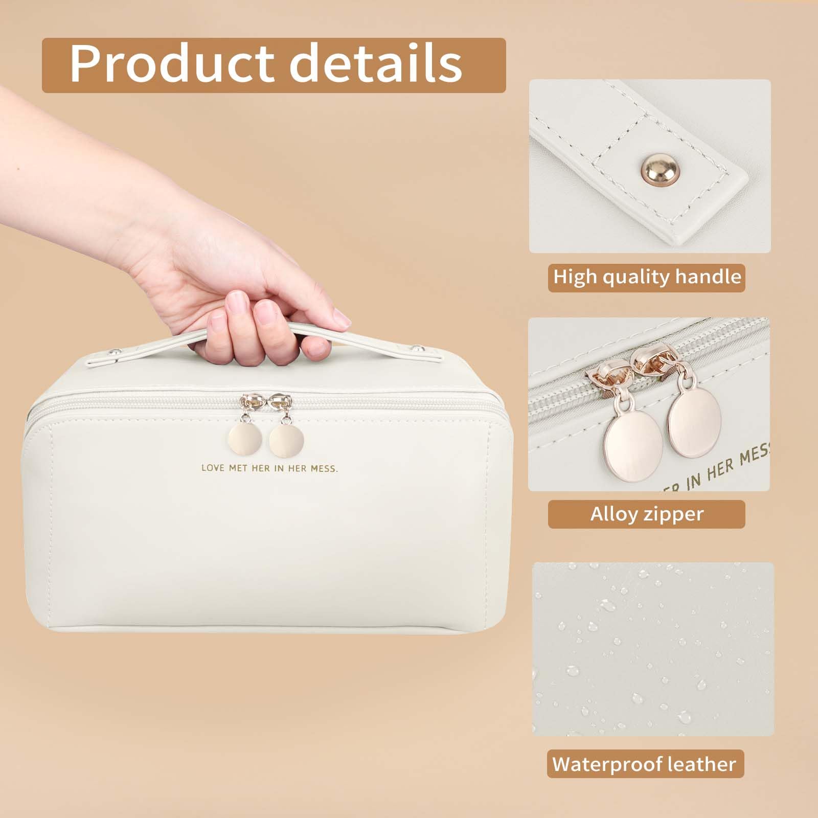 Waterproof PU Leather Travel Makeup Bag - Large Capacity Cosmetic Organizer for Women with Dividers & Handle | Perfect for Vacation, Gym & Daily Essentials Storage