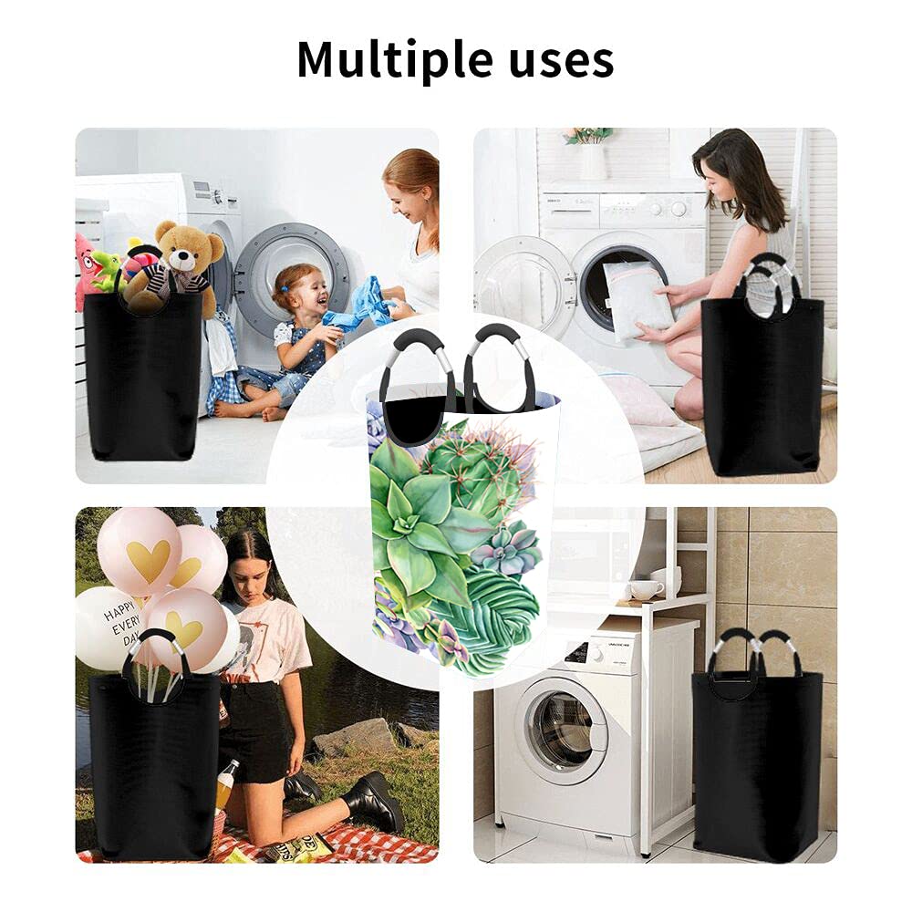 Wondertify Bouquet Succulents Laundry Hamper - Watercolor Botanical Print Clothes Basket with Easy Carry Handles for Bedroom, Bathroom & Nursery Organization - Perfect for Clothes, Toys & Storage (Green & Purple)