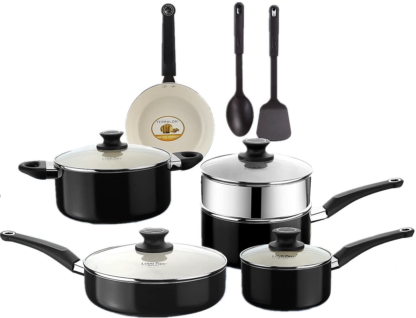 8-Piece Nonstick Ceramic Cookware Set - White Pots and Pans with Glass Lids & Silicone Utensils for Cooking, Baking | Dishwasher Safe | Perfect for Family Meals, Entertaining & Everyday Cooking