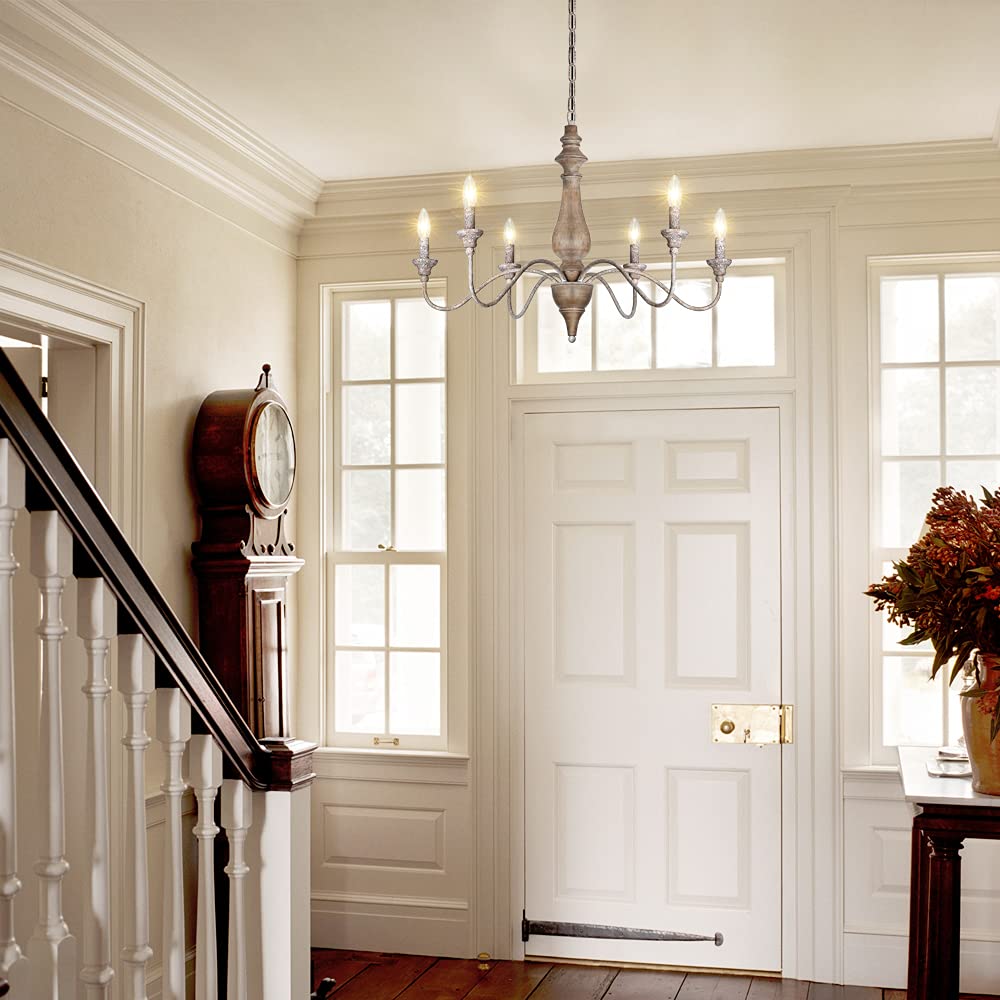 French Country 6-Light Farmhouse Chandelier - Rustic Wood Finish Candle-Style Lighting Fixture for Dining Room, Living Room, Bedroom, Kitchen & Stairway - 29.5