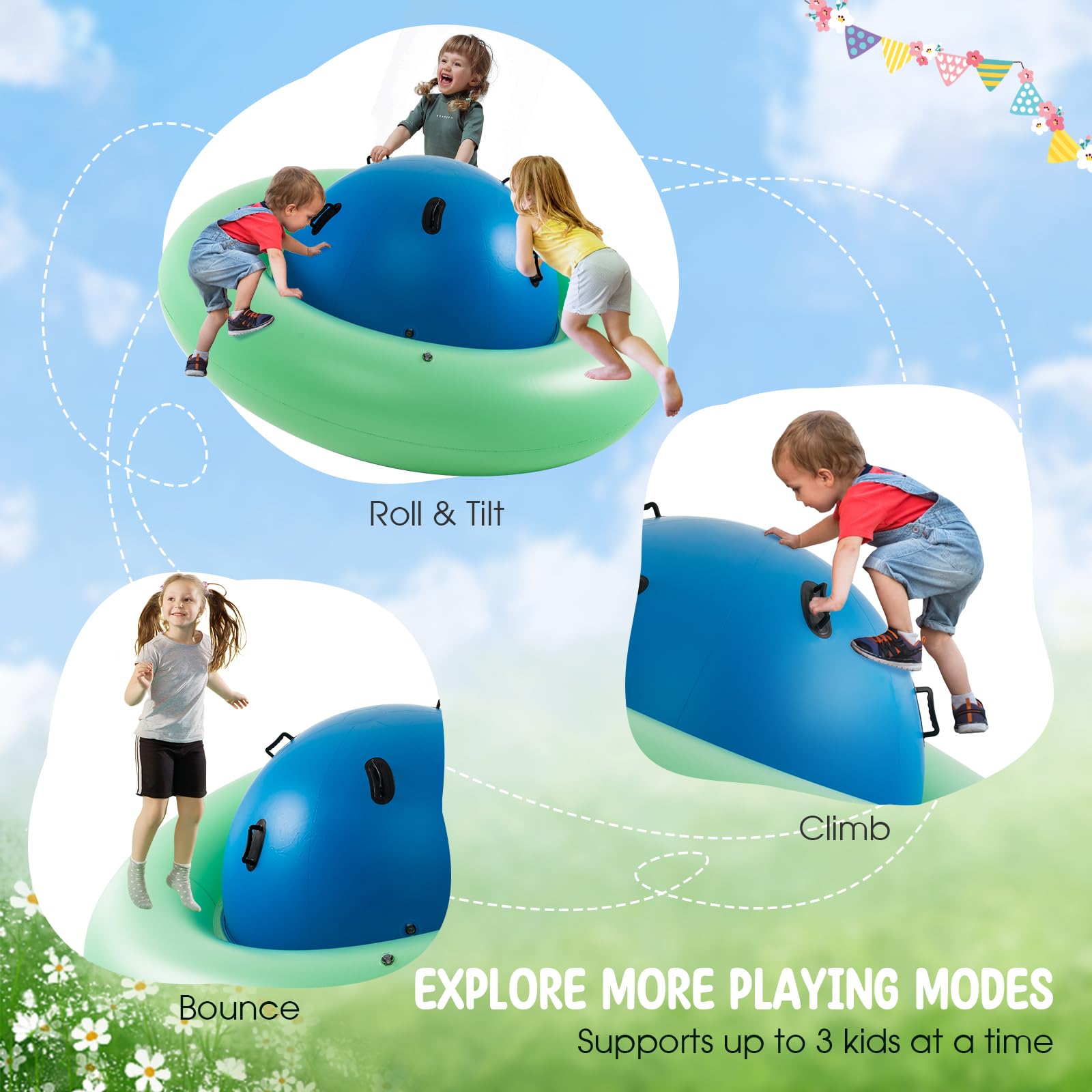 Costzon 88'' Inflatable Dome Rocker Bouncer - Kids Rocking Teeter Totter Seesaw & Climbing Bridge with 6 Handles - Giant Blow Up Rocking Ball for Indoor & Outdoor Play - Perfect for Backyards, Birthday Parties & Playgrounds