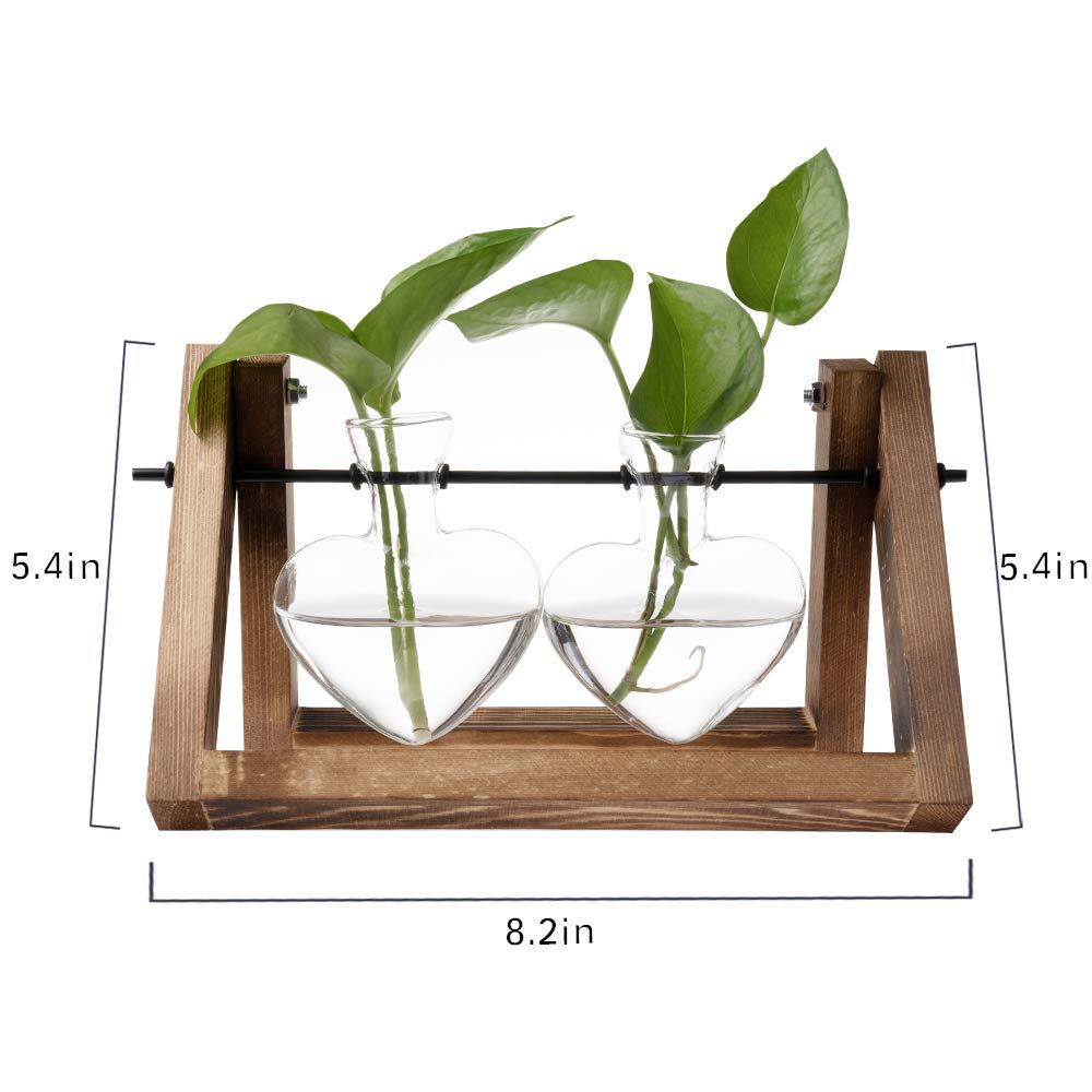 Retro Wooden Stand Glass Desktop Planter with 2 Hearts - Indoor Plant Terrarium Vase for Home, Office Desk Decor | Perfect for Succulents, Air Plants & Small Flowers
