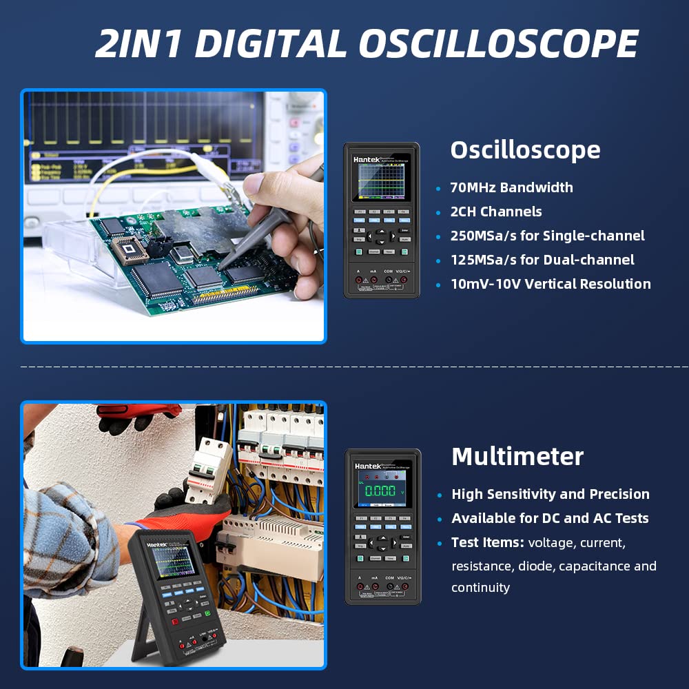 Hantek 2C72 70MHz Handheld Oscilloscope & Multimeter - 2CH+DMM 2-in-1 Multifunction Tester for Electronics Repair, Automotive Diagnostics & Engineering Testing