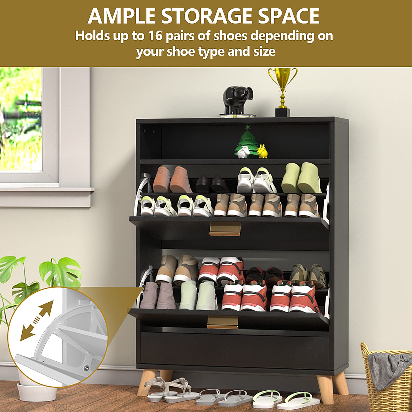 16-Pair Shoe Storage Cabinet with 2 Flip Drawers - 3-Tier Free Standing Shoe Organizer for Entryway, Narrow Hidden Shoe Rack with Doors (Dark Black) - Perfect for Small Spaces, Closet Organization & Entryway Storage