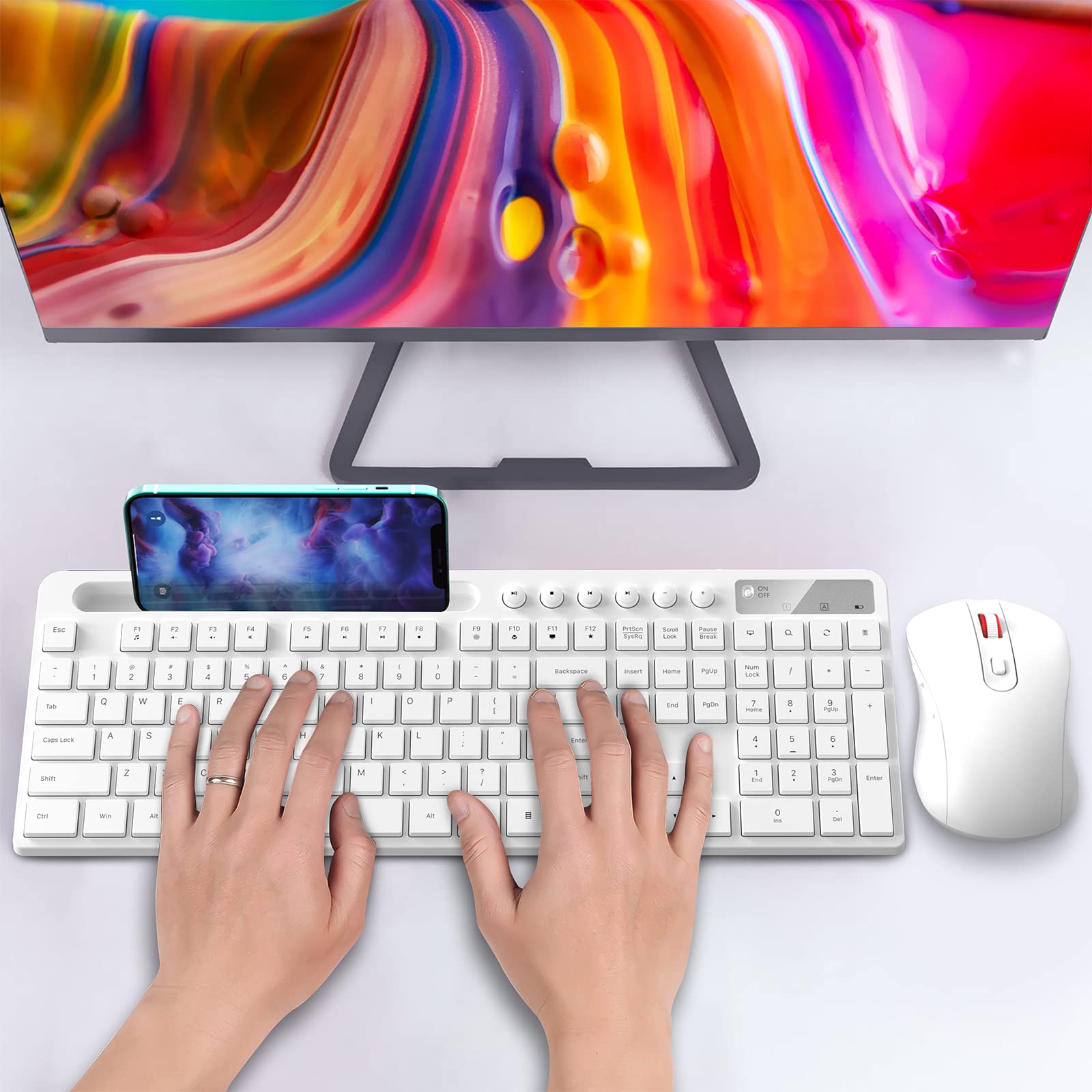 MARVO 2.4G Wireless Keyboard and Mouse Combo - Ergonomic Design with Silent 6-Button Mouse & Phone/Tablet Holder - Compatible with MacBook & Windows PC (White) - Perfect for Office, Home & Remote Work
