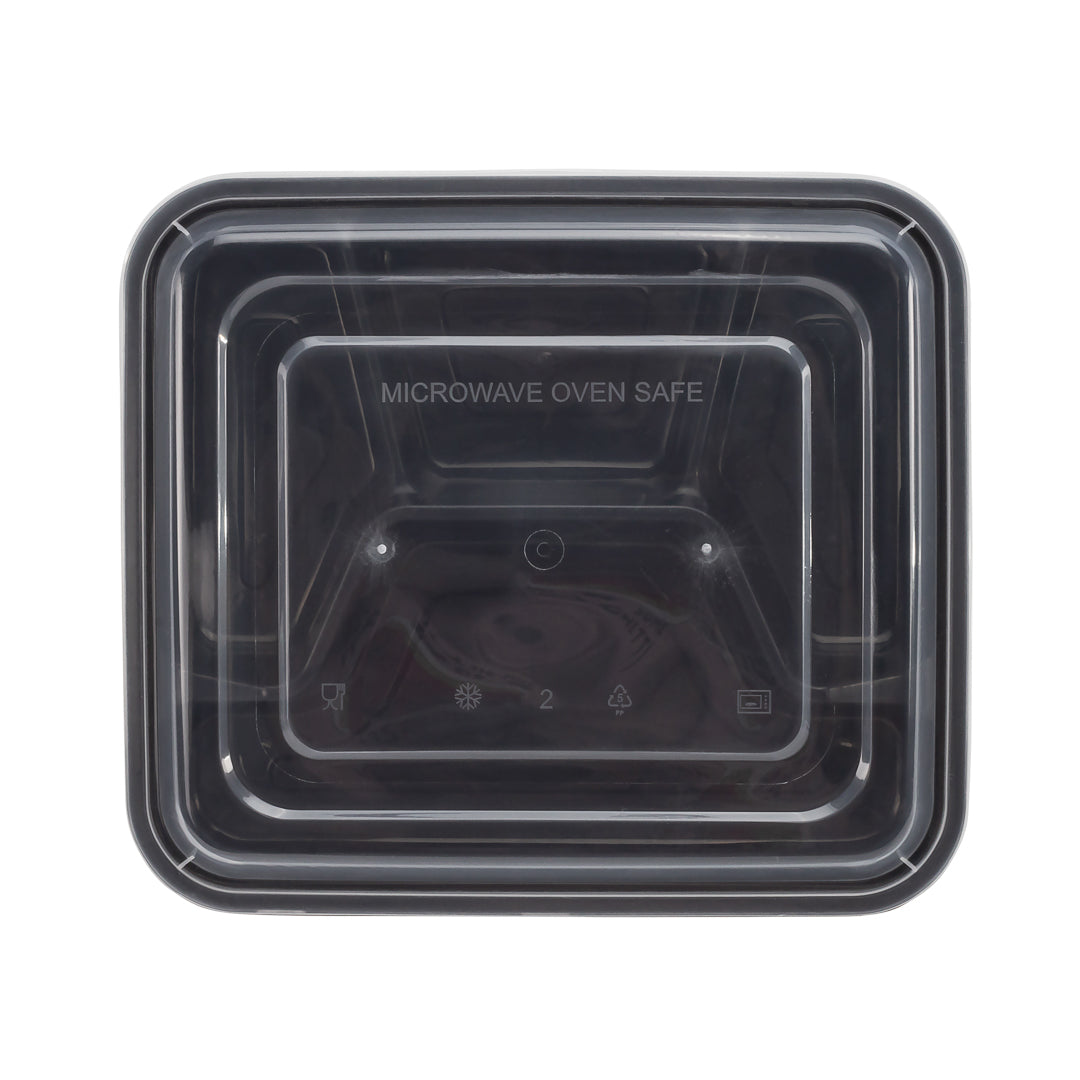 34 oz Black Plastic 4 Compartment Food Storage Container with Clear Lid - Microwave Safe, BPA Free (8.75