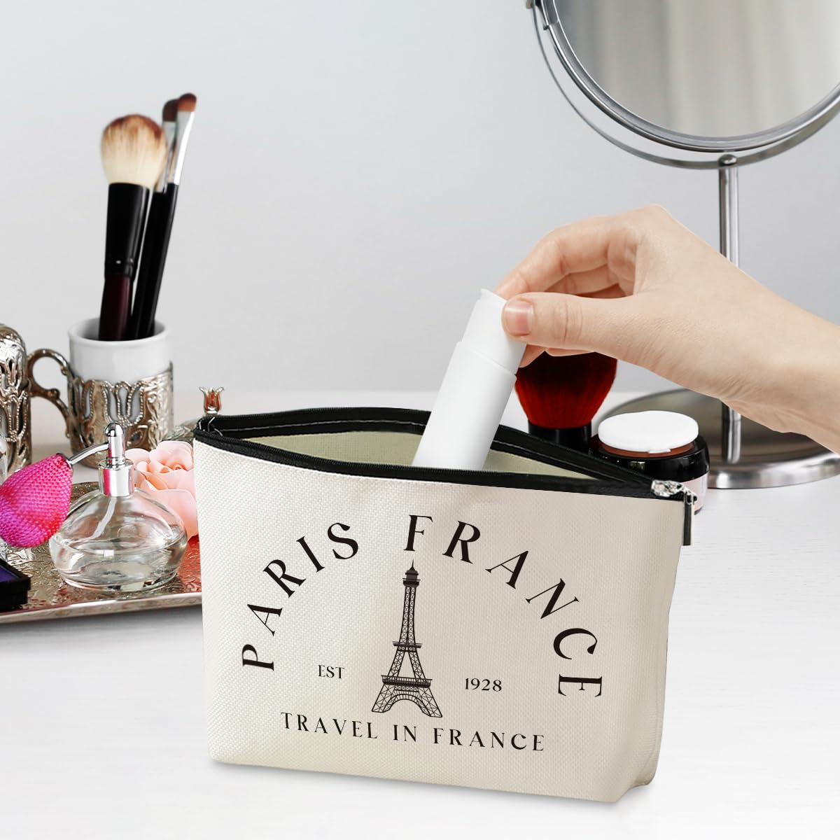 Parisian Makeup Bag - Waterproof Travel Cosmetic Organizer for Women | French Themed Toiletry Pouch | Perfect Gift for Paris Lovers (Christmas, Birthday, Anniversary) | Great for Travel, Gym & Daily Use