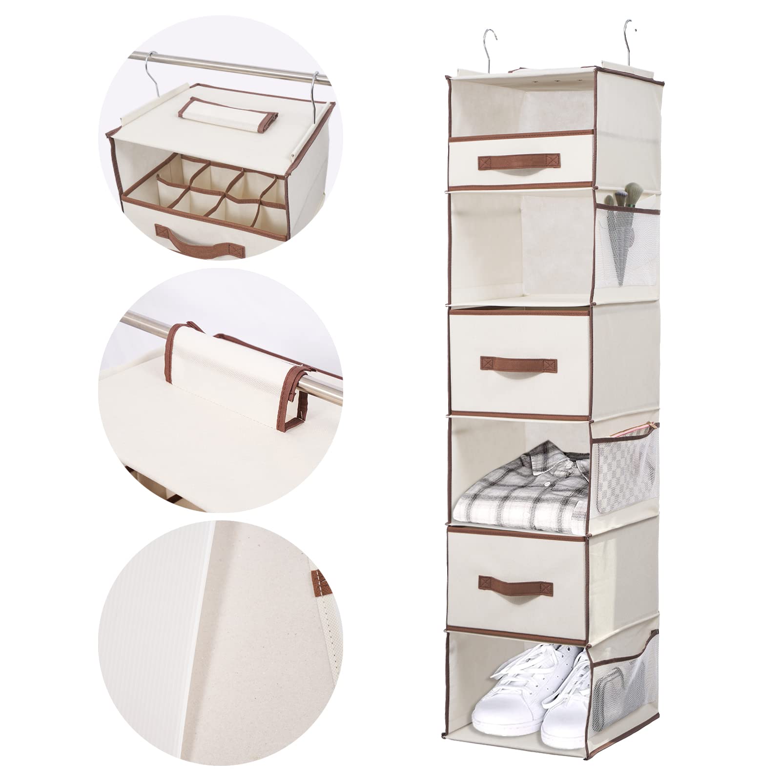 Vercord 6-Tier Foldable Hanging Closet Organizer with 2 Large Drawers, 1 Sock Drawer & 6 Mesh Pockets - Space Saving Clothes Storage for Bedroom, Dorm, Apartment Organization