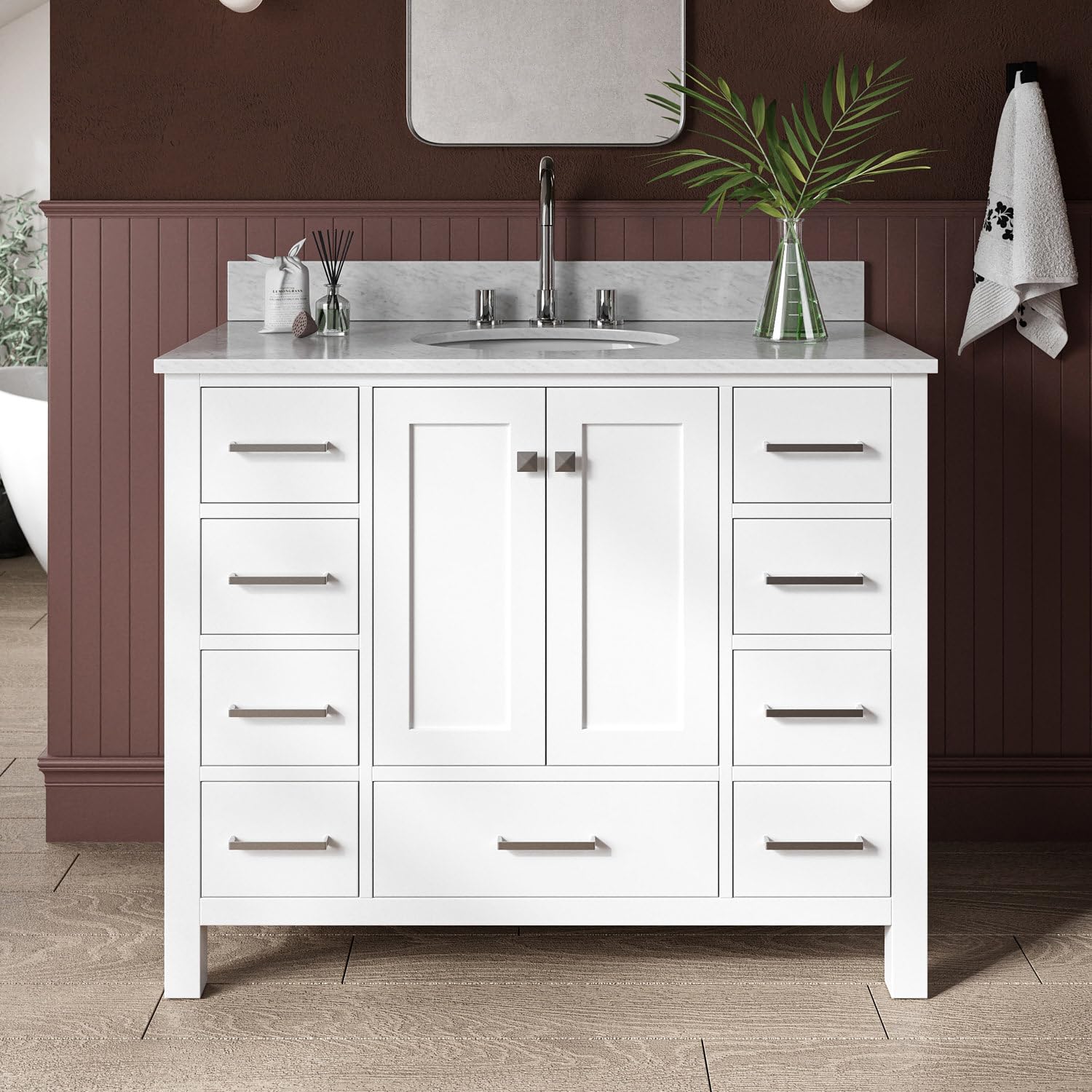 Ariel Cambridge 43 Inch White Bathroom Vanity with Sink - Solid Wood Vanity Cabinet, Carrara Marble Countertop & Oval Undermount Single Sink - 2 Soft Closing Doors & 9 Drawers - Perfect for Modern Bathroom, Master Bath, or Powder Room Remodel