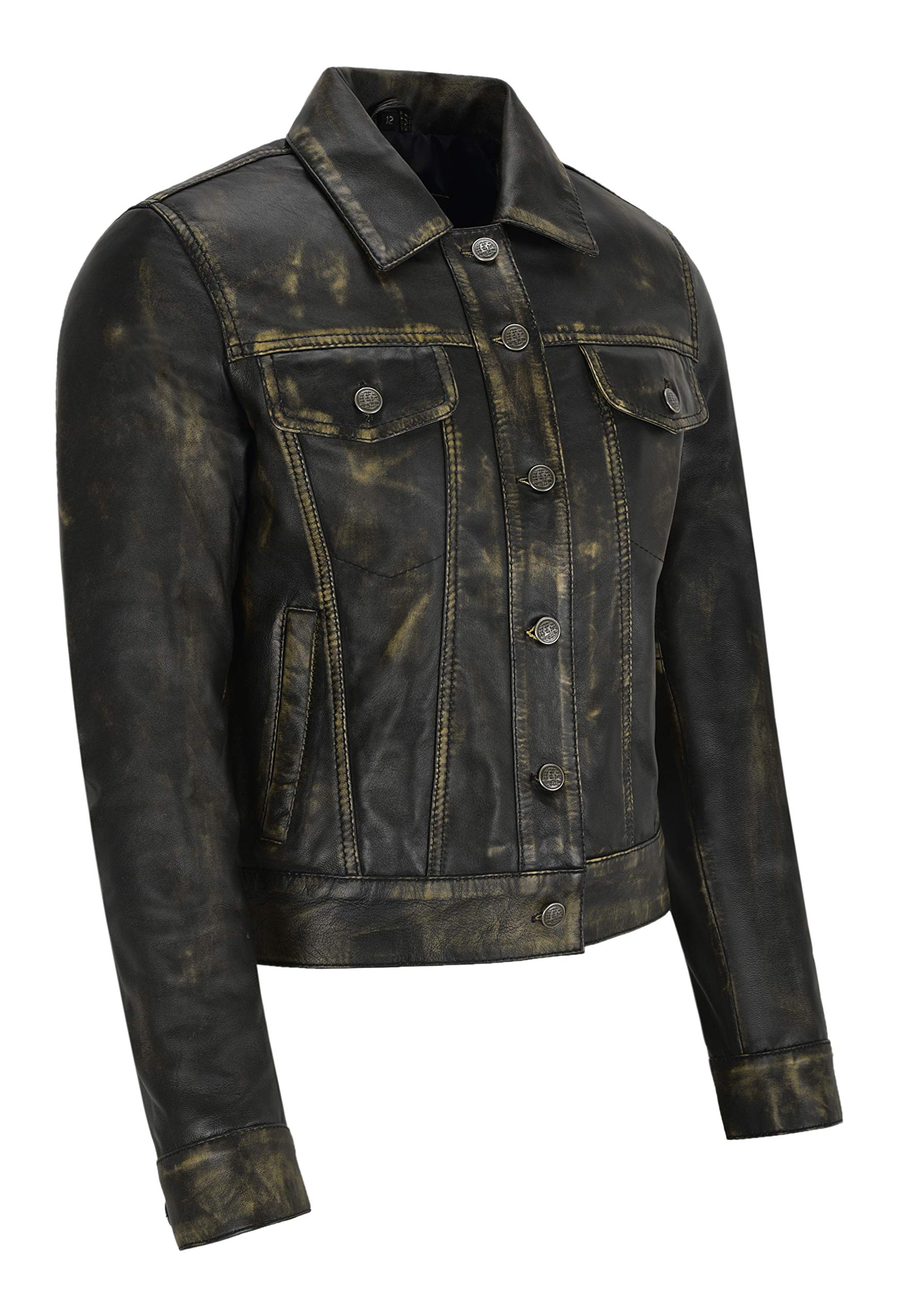 Vintage Women's Real Leather Trucker Jacket - Distressed Washed Leather Shirt Jacket for Casual Wear & Motorcycle Riding (1680)