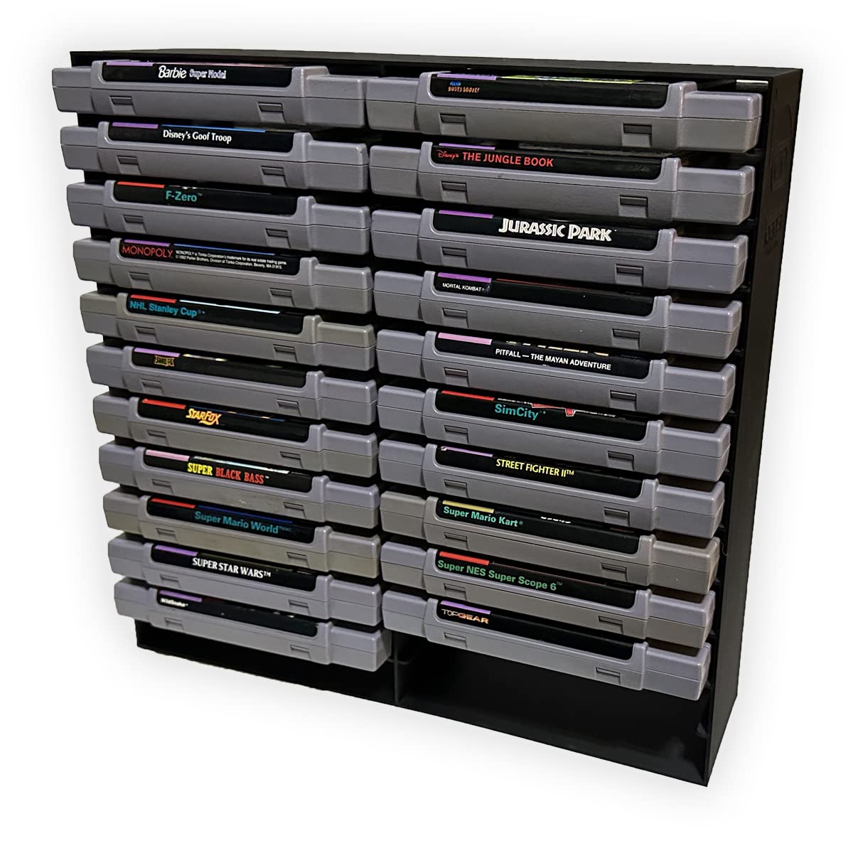 SNES Game Storage Rack - Holds 24 Super Nintendo Entertainment System Cartridges | Closed Back Design | Perfect for Game Room Organization & Collector Display