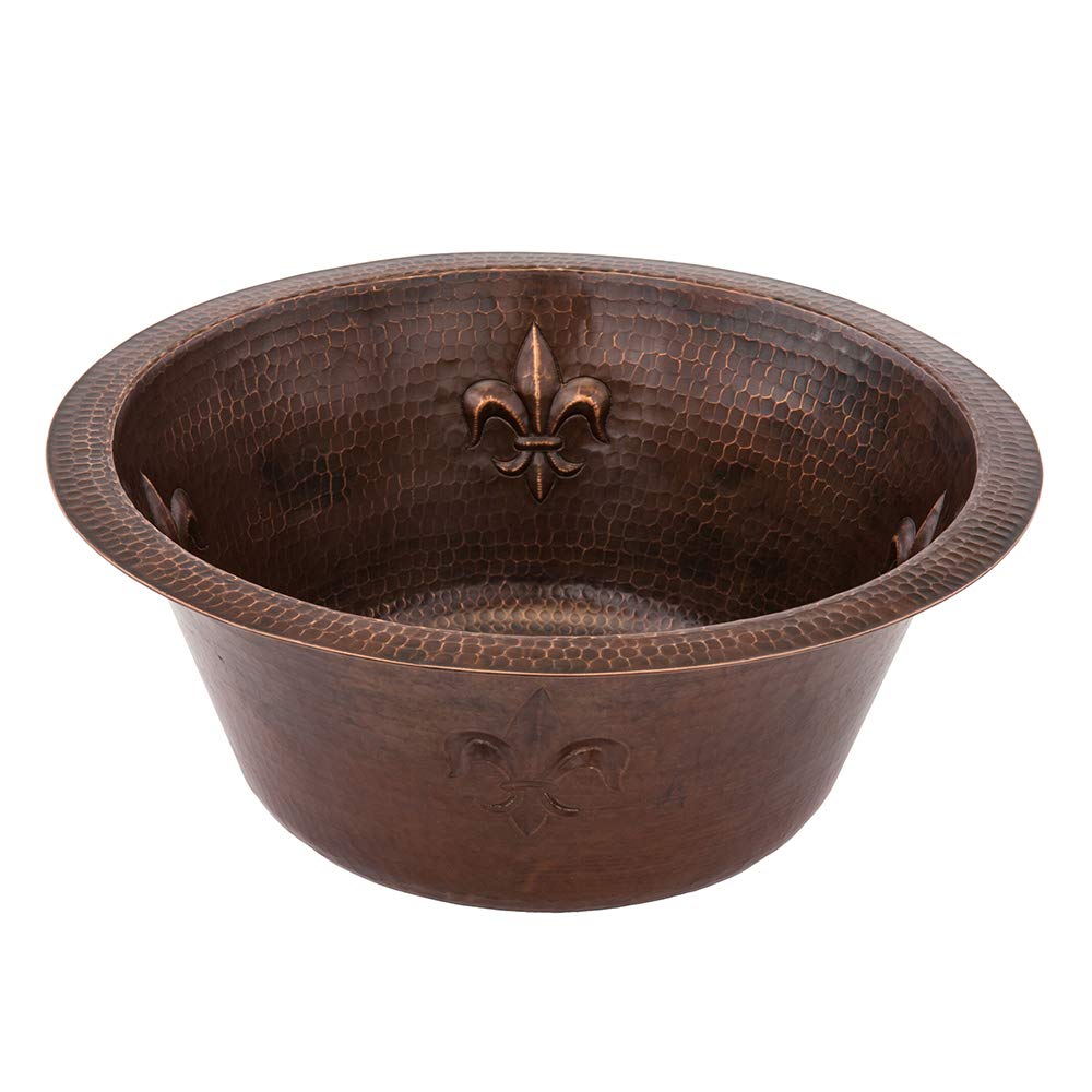 Premier Copper Products BR16FDB3 16-Inch Universal Round Copper Sink with Fleur De Lis Design, Oil Rubbed Bronze Finish, 3.5-Inch Drain Size – Perfect for Farmhouse, Vintage, and Rustic Kitchen Decor
