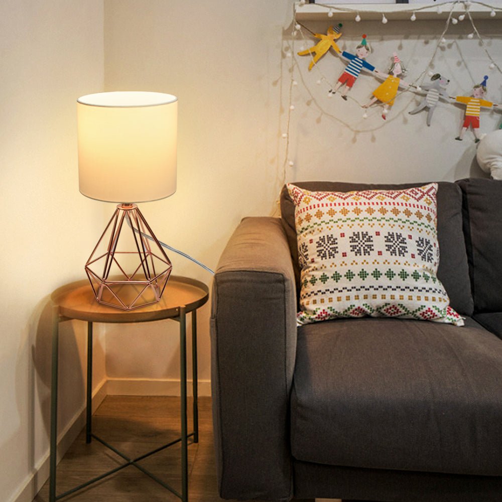 Modern Geometric Table Lamp with Rose Gold Hollow Metal Base & Fabric Shade - Bedside Nightstand Lamp for Bedroom, Living Room, Office - Perfect for Reading, Working & Creating Cozy Ambiance