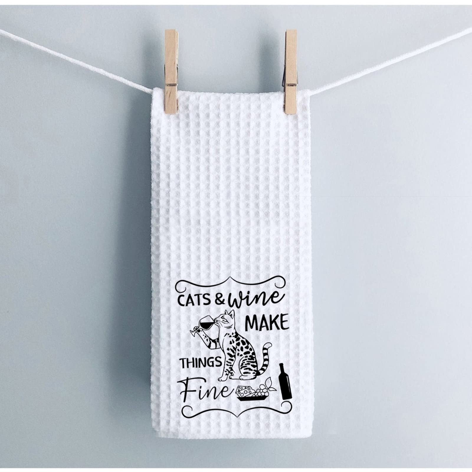 Waffle Weave Kitchen Towel - Cats and Wine Design - Perfect Housewarming Gift for Wine & Cat Lovers | Absorbent & Durable for Kitchen, Dining, and Hosting