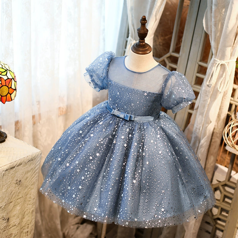 Royal Blue Organza Flower Girl Dress for Weddings - Tea Length Princess Round Neckline - Perfect for Bridal Parties, Pageants & Special Occasions