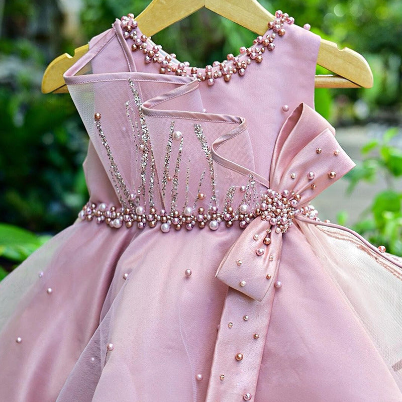 Baby Girl Bead Bow Christening Dress - Toddler Birthday Party Princess Gown for Baptism, First Communion & Special Occasions