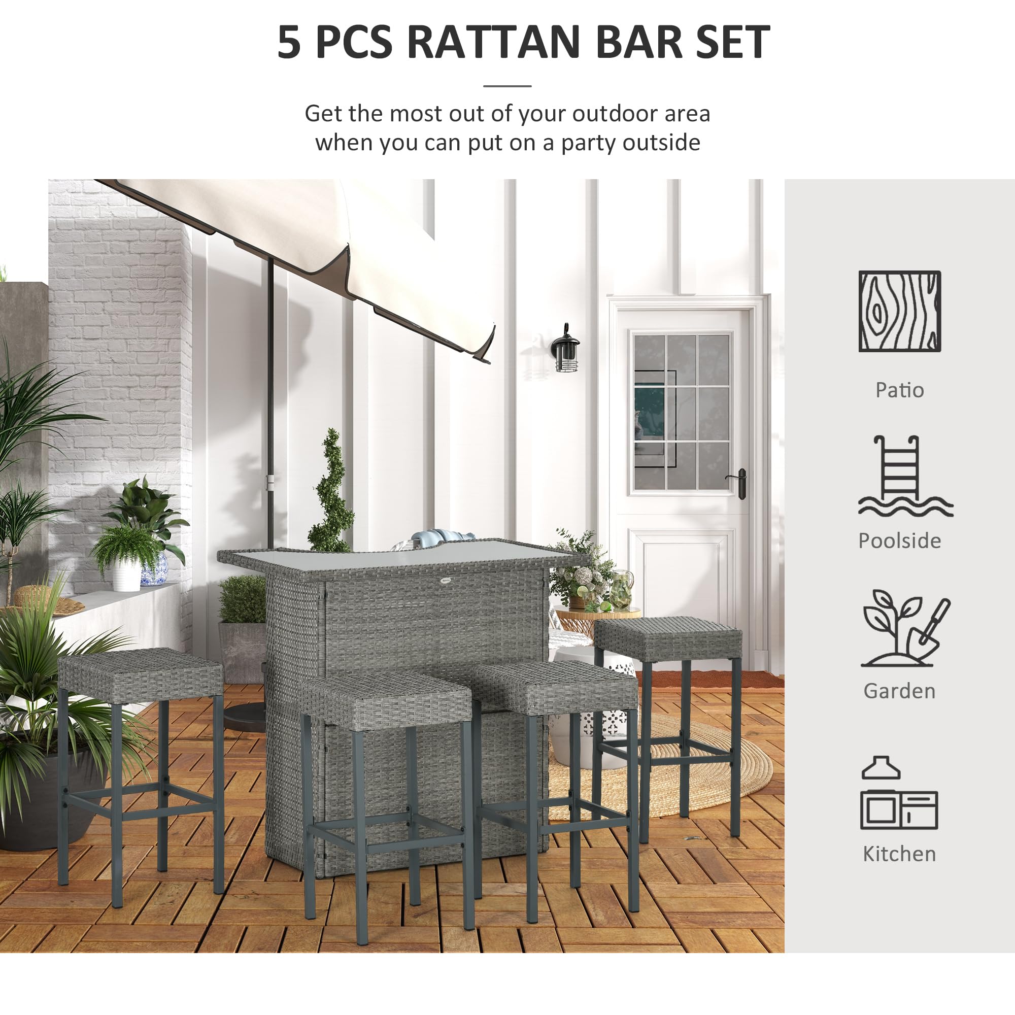 Outsunny 5-Piece Rattan Wicker Bar Set - High Top Outdoor Table & 4 Chairs with Glass Table Top & 2-Tier Storage Shelf - Patio Dining Set for Garden, Poolside, Backyard, Restaurant, Cafe (Gray)