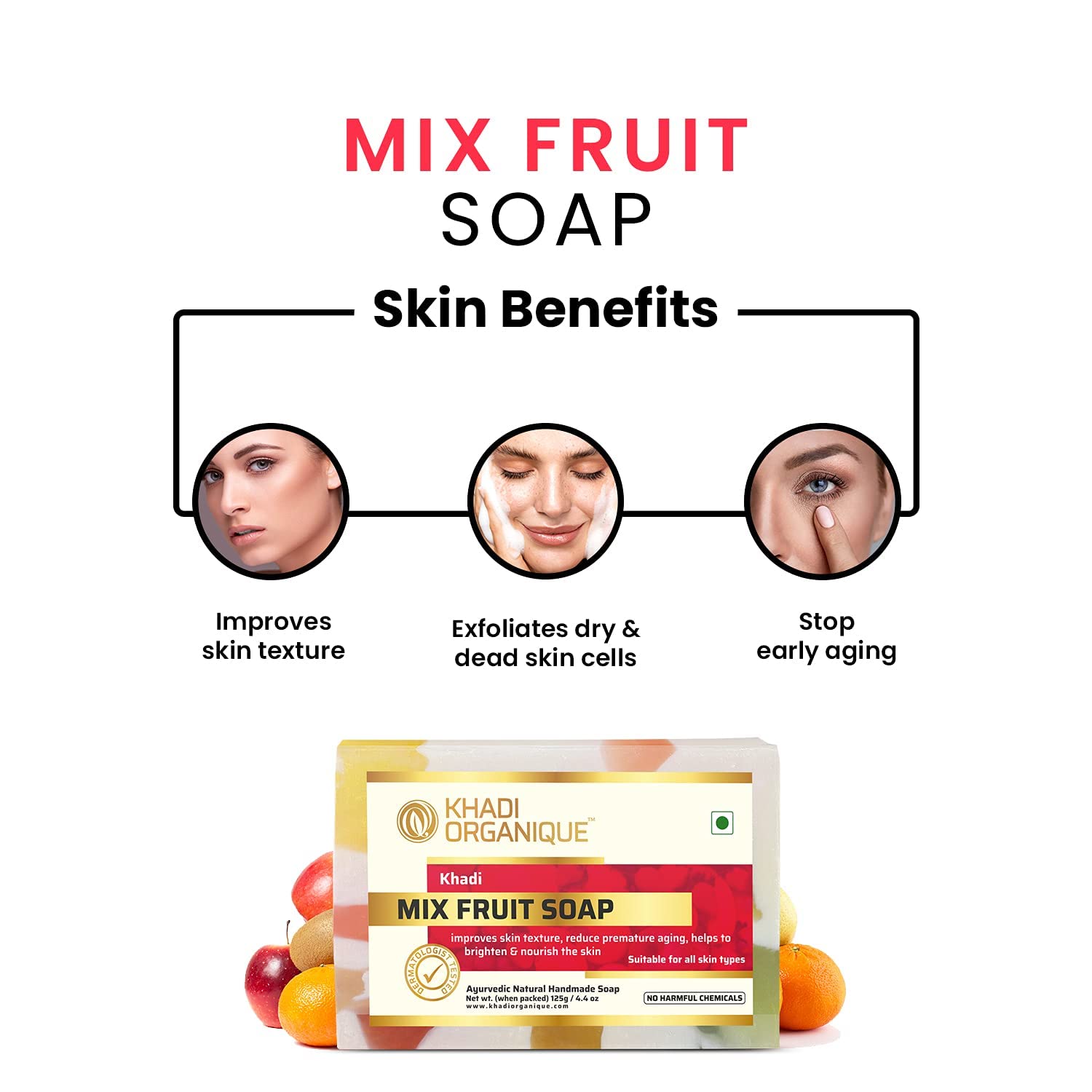 KHADI ORGANIQUE Mix Fruit Soap - 125g (Pack of 2) | Natural Handmade Soap with Fruit Extracts for Soft & Glowing Skin | Perfect for Daily Face & Body Cleansing, Gift Sets