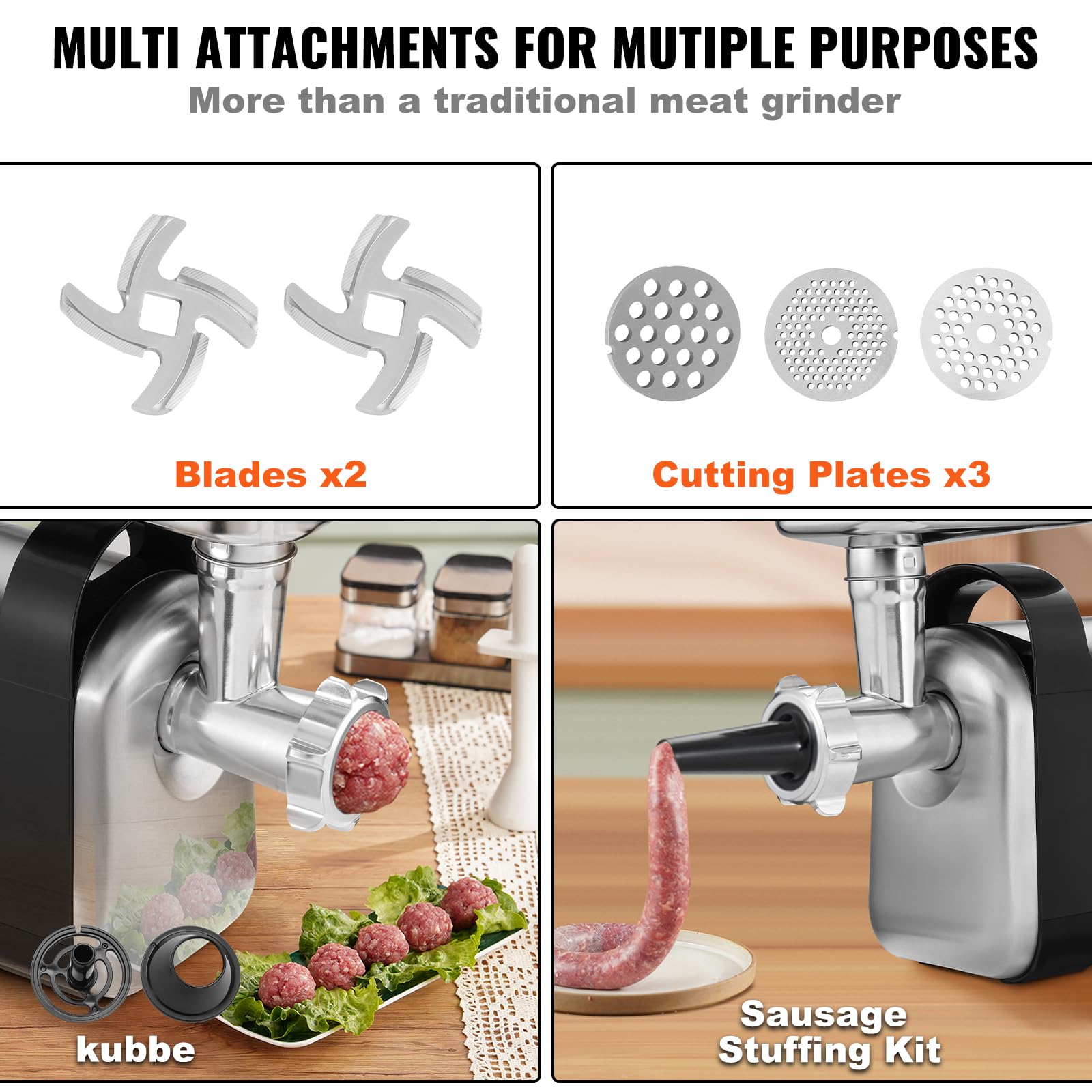 VEVOR 550W Commercial Electric Meat Grinder - 6.6 Lb/Min Industrial Meat Mincer with 3 Grinding Plates, 2 Blades & Sausage Stuffer Kit - Heavy Duty Stainless Steel & ABS Construction - ETL Certified for Home Butchering, Restaurant & Deli Use