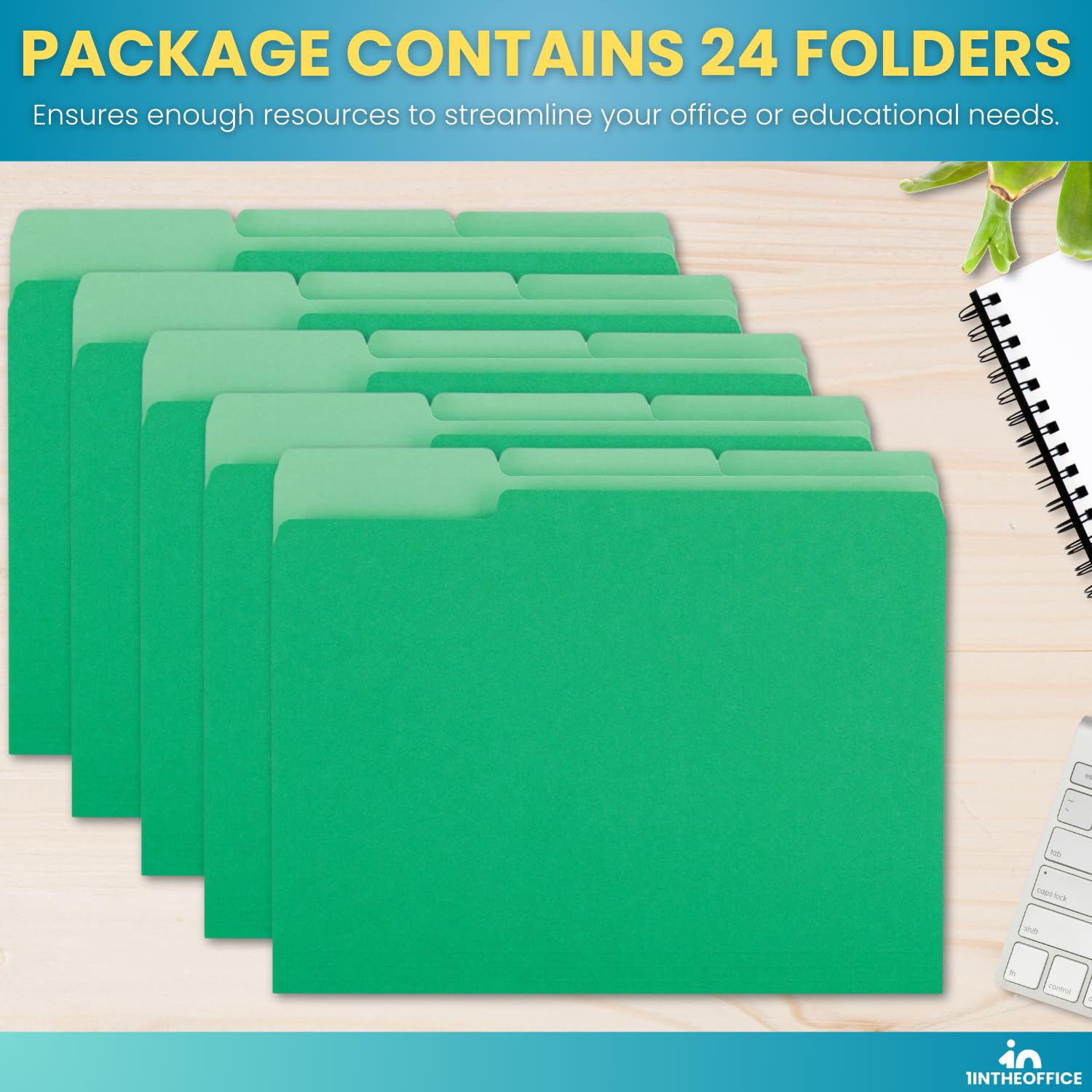 1InTheOffice Green File Folders - 3-Tab Letter Size Top-Tab Folders, 24-Pack - Perfect for Office Organization, Document Filing & Home Office Storage