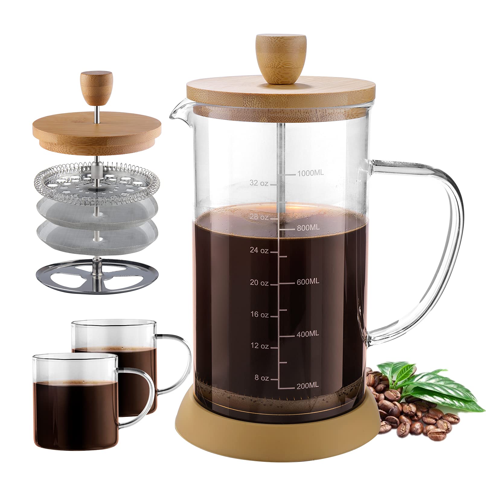 34 oz French Press Coffee Maker with Double Filters & Heat-Resistant Borosilicate Glass - Bamboo Handle Stainless Steel Plunger - Includes 2 Glass Cups for Home, Office & Camping Coffee Brewing