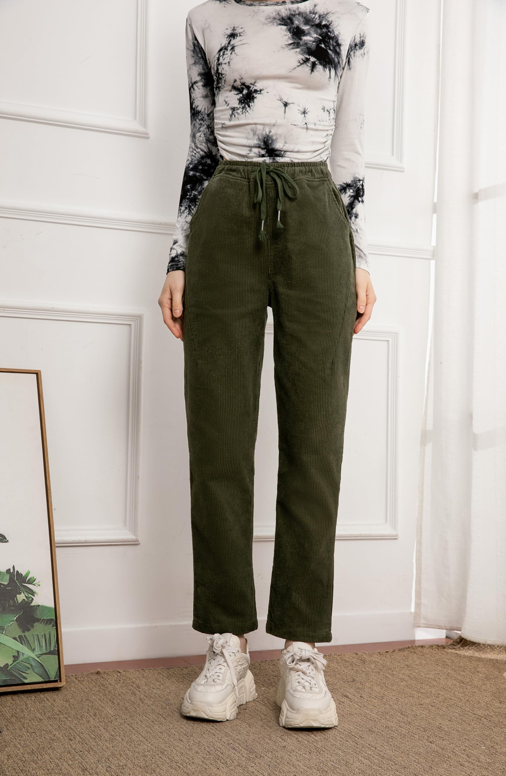 Minibee Women's Corduroy Pants - Soft Stretch Elastic Waist Pull-On Trousers with Drawstring | Comfortable Casual Cotton Pants for Work, Travel & Everyday Wear