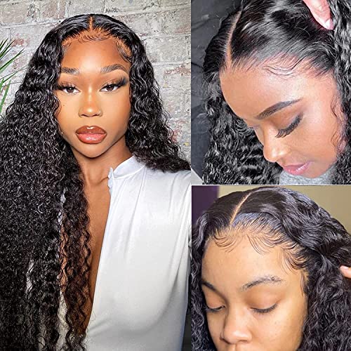 ISEE 10A Deep Wave Transparent Lace Front Wig - 150% Density Brazilian Human Hair with Pre-Plucked 13x4 Lace Frontal & Baby Hair - Natural Black 26 Inch for Black Women - Perfect for Daily Wear, Special Occasions & Protective Styling