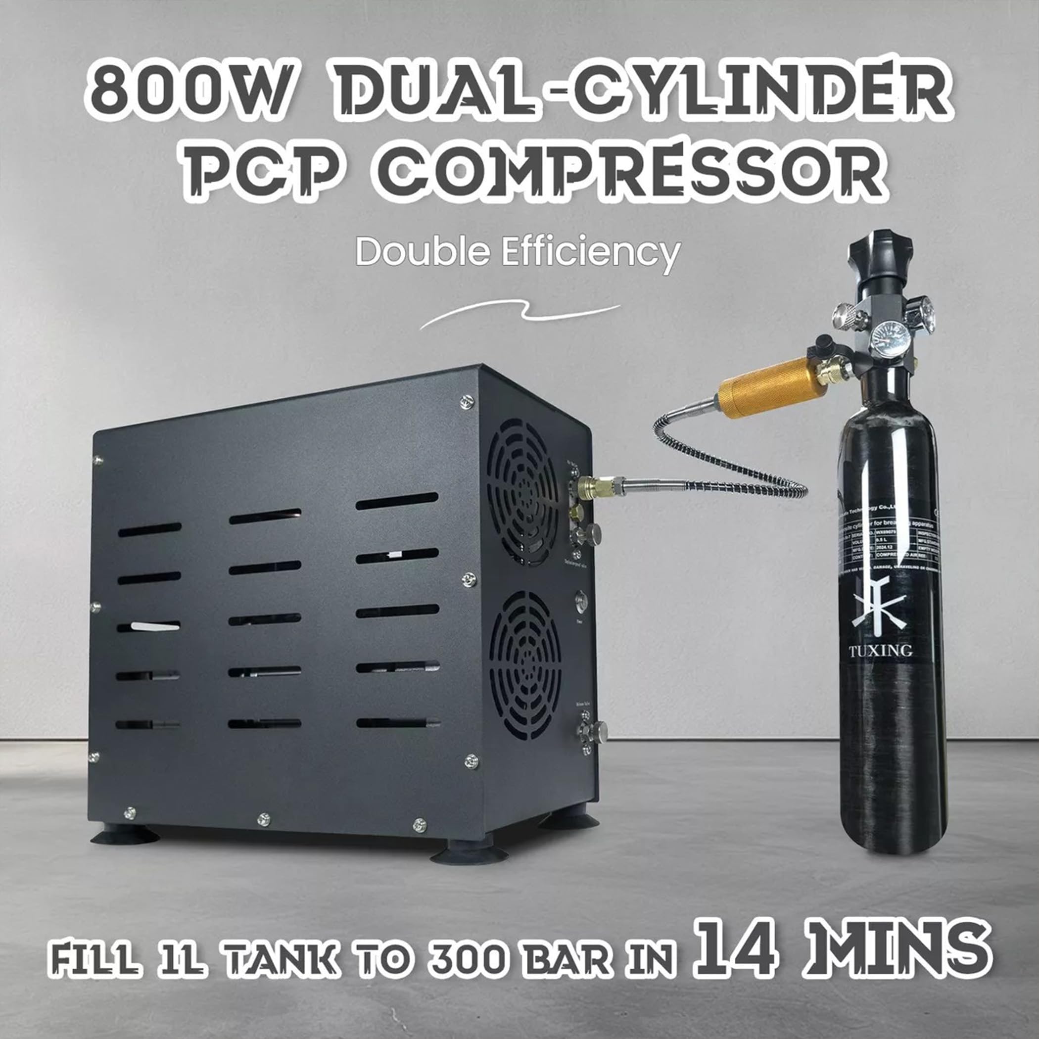TUXING 800W Dual-Cylinder PCP Air Compressor Pump - 4500PSI High Pressure with Auto Stop & Built-in Cooling Fan - for PCP Rifles, Scuba Tanks, Paintball & Airgun Refilling - Perfect for Hunting, Shooting Sports & Underwater Diving