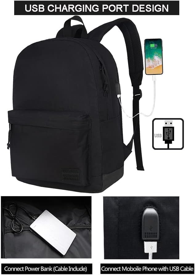 SUPACOOL Lightweight Laptop Backpack for Men & Women - College Bookbag with USB Charging Port - Durable School Backpack for Students - Perfect for Travel, Work & Daily Commute (Black)