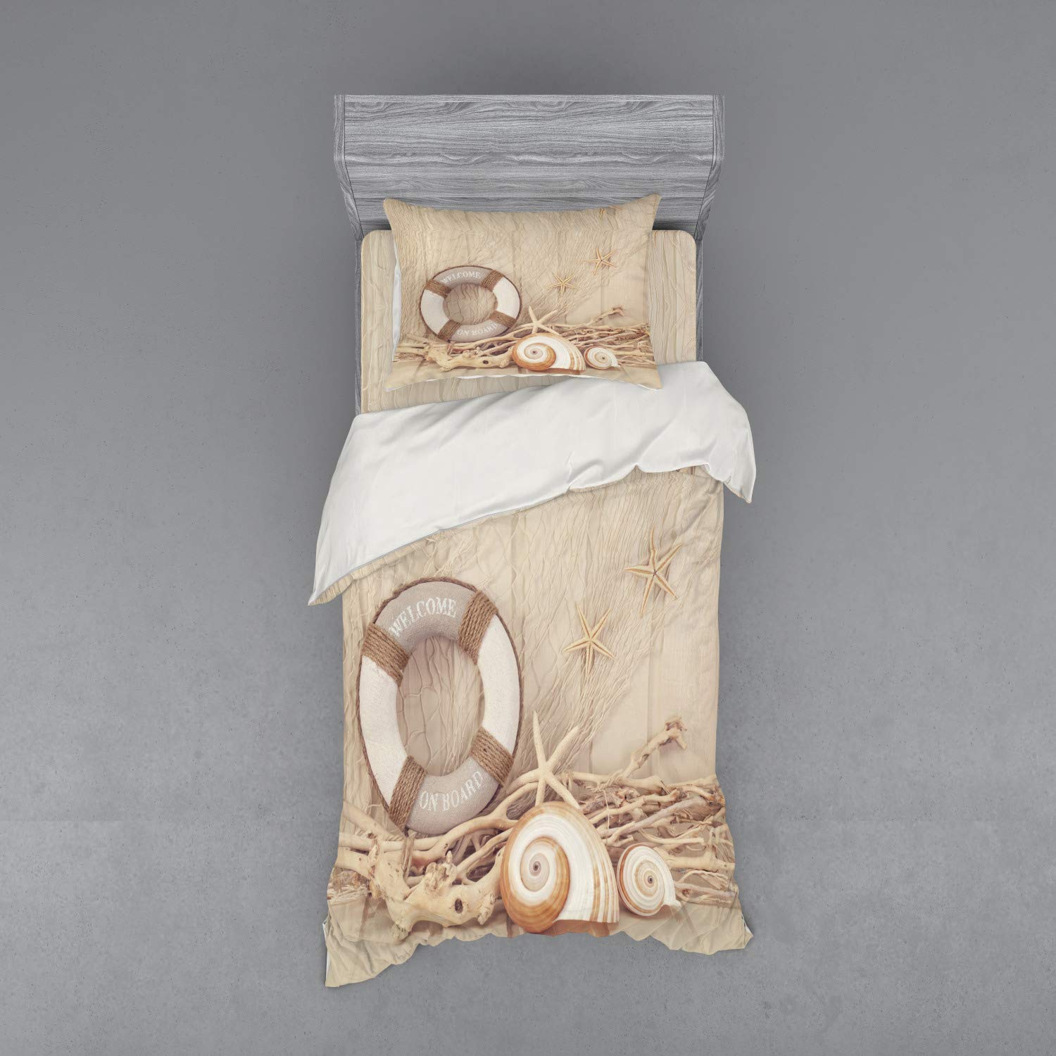 Ambesonne Coastal Duvet Cover Set - Wooden Sepia Fishnet Maritime Theme 3-Piece Bedding with Sham & Fitted Sheet, Twin Size, Tan Beige White - Perfect for Beach House Decor & Nautical Themed Bedrooms