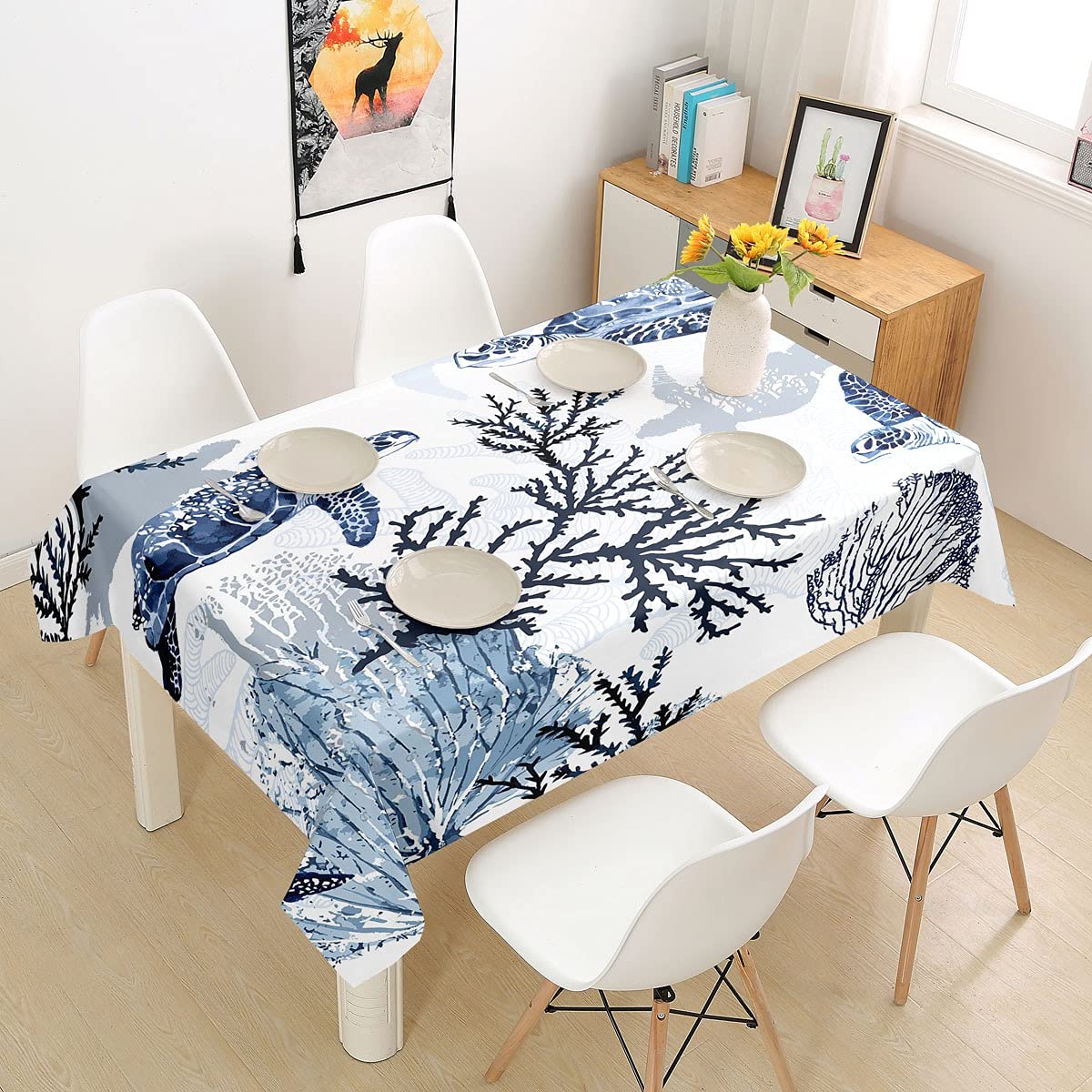 Feelyou Hawaiian Sea Turtle Tablecloth - 55x55 Inch Blue & White Ocean Beach Theme Kitchen Dining Table Cover - Perfect for Tropical Parties, Summer BBQs, and Coastal Home Decor