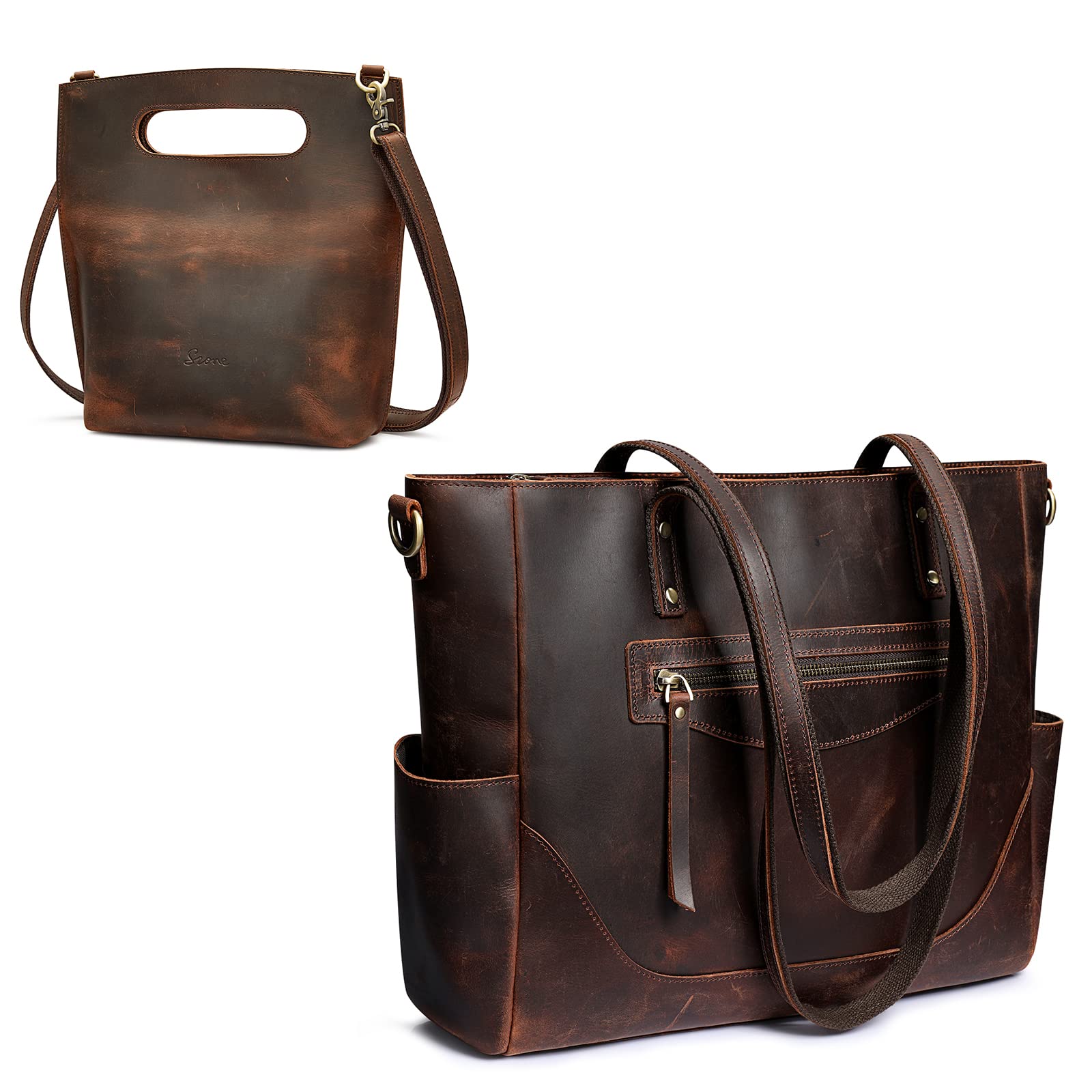 Vintage Genuine Leather Tote Bag for Women - Large Shoulder Purse with Detachable Clutch | Perfect for Work, Travel & Everyday Use