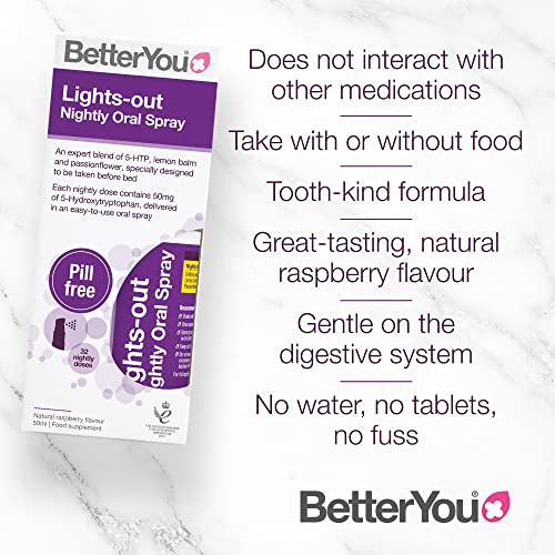BetterYou Lights Out 5HTP 50mg Nighttime Sleep Support Oral Spray - Promotes Relaxation & Restful Sleep for Adults - Perfect for Stress Relief & Natural Sleep Aid