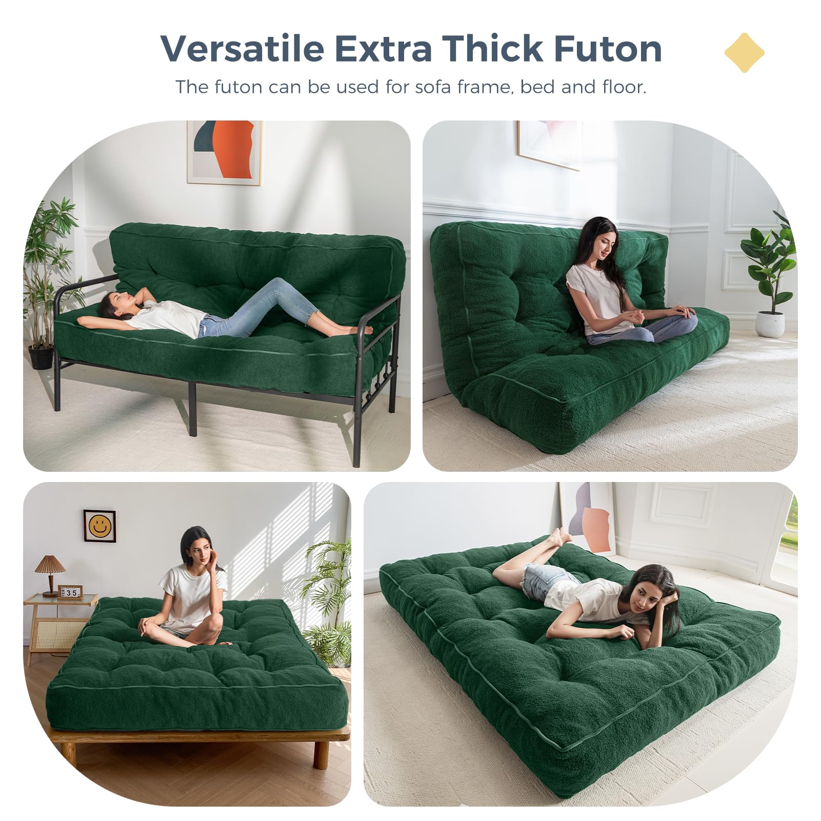 MAXYOYO 8 Inch Tufted Futon Sofa Bed with Thick Boucle Fabric - Convertible Floor Mattress for Adults (Mattress Only, Green) - Perfect for Small Spaces, Guest Rooms & Dormitory Use