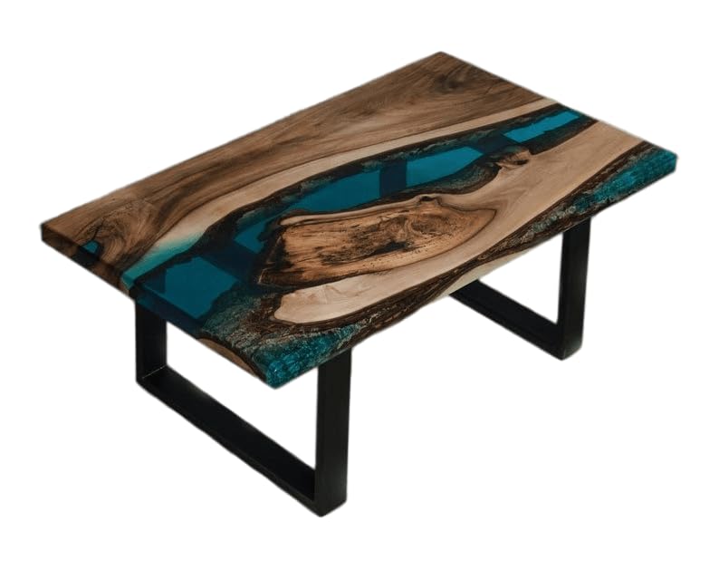 Modern Rectangle Coffee Table with Transparent Epoxy Resin & Solid Walnut Wood Top, Black Metal Legs - 39