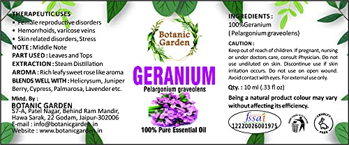 100% Pure Botanic Garden Geranium Essential Oil - Undiluted, Steam Distilled for Skin Care, Hair Growth, Body Massage & Aromatherapy (10ml) | Perfect for DIY Beauty, Relaxation & Home Spa Treatments