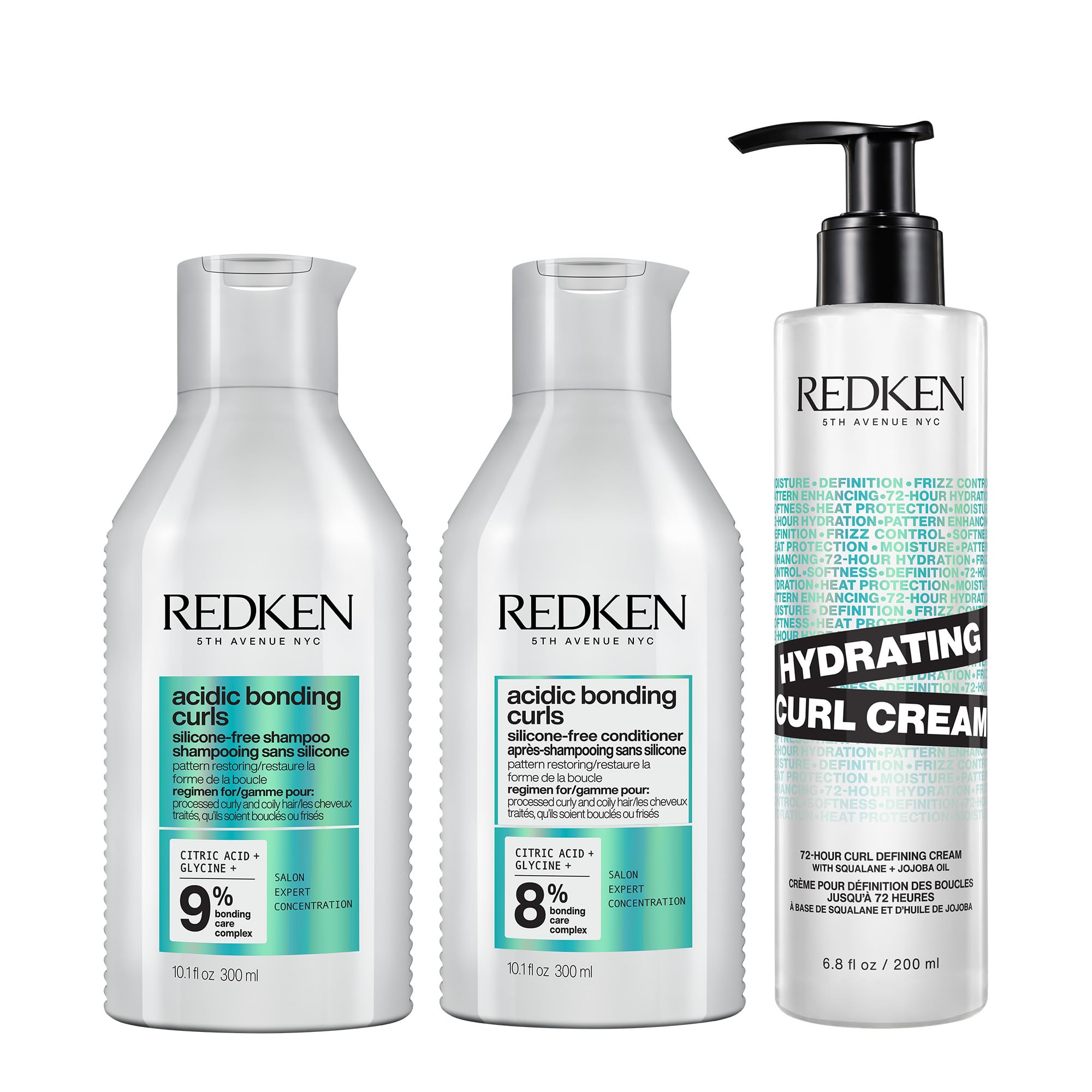 REDKEN Acidic Bonding Curls Shampoo, Conditioner & Hydrating Curl Cream Set for Coily & Curly Hair | Sulfate-Free, Silicone-Free with Citric Acid, Avocado Oil & Shea Butter | Defines Curls, Reduces Frizz & Boosts Shine | Perfect for Daily Hair Care & Salon-Quality Results at Home