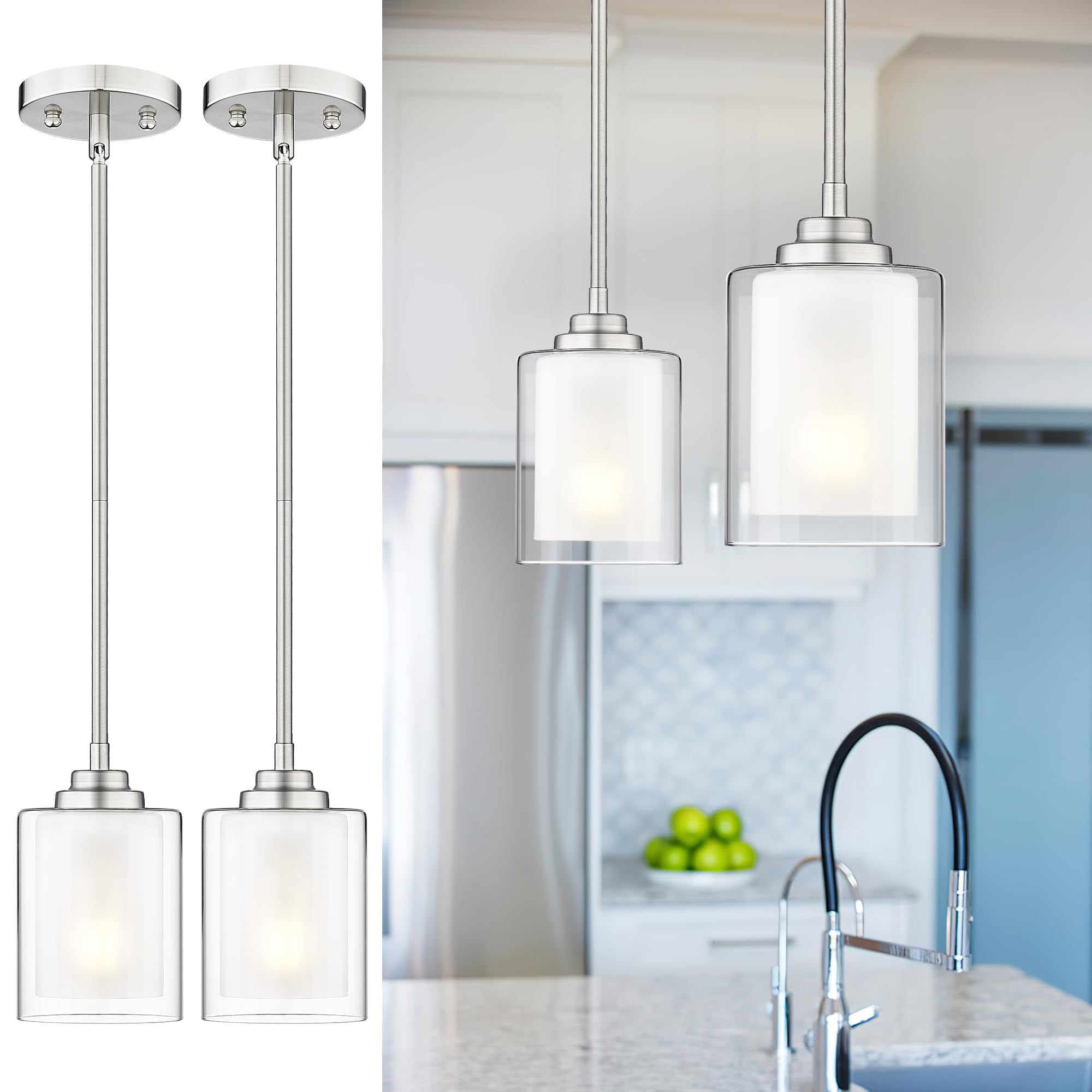 Modern Pendant Light Fixture 2-Pack - Brushed Nickel Kitchen Island Hanging Light for Farmhouse, Dining Room, Bedroom, Bar & Office - TXPLBN02-2PK | Perfect for Ambient Lighting Over Kitchen Islands, Dining Tables & Workspaces